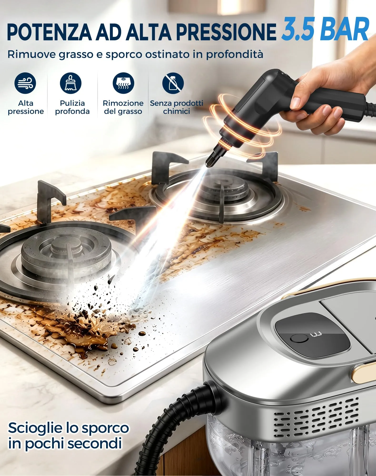 Fizicoo Pulitore a Vapore Portatile 1500W, Serbatoio 1,6L, 3 Livelli - immagine 3