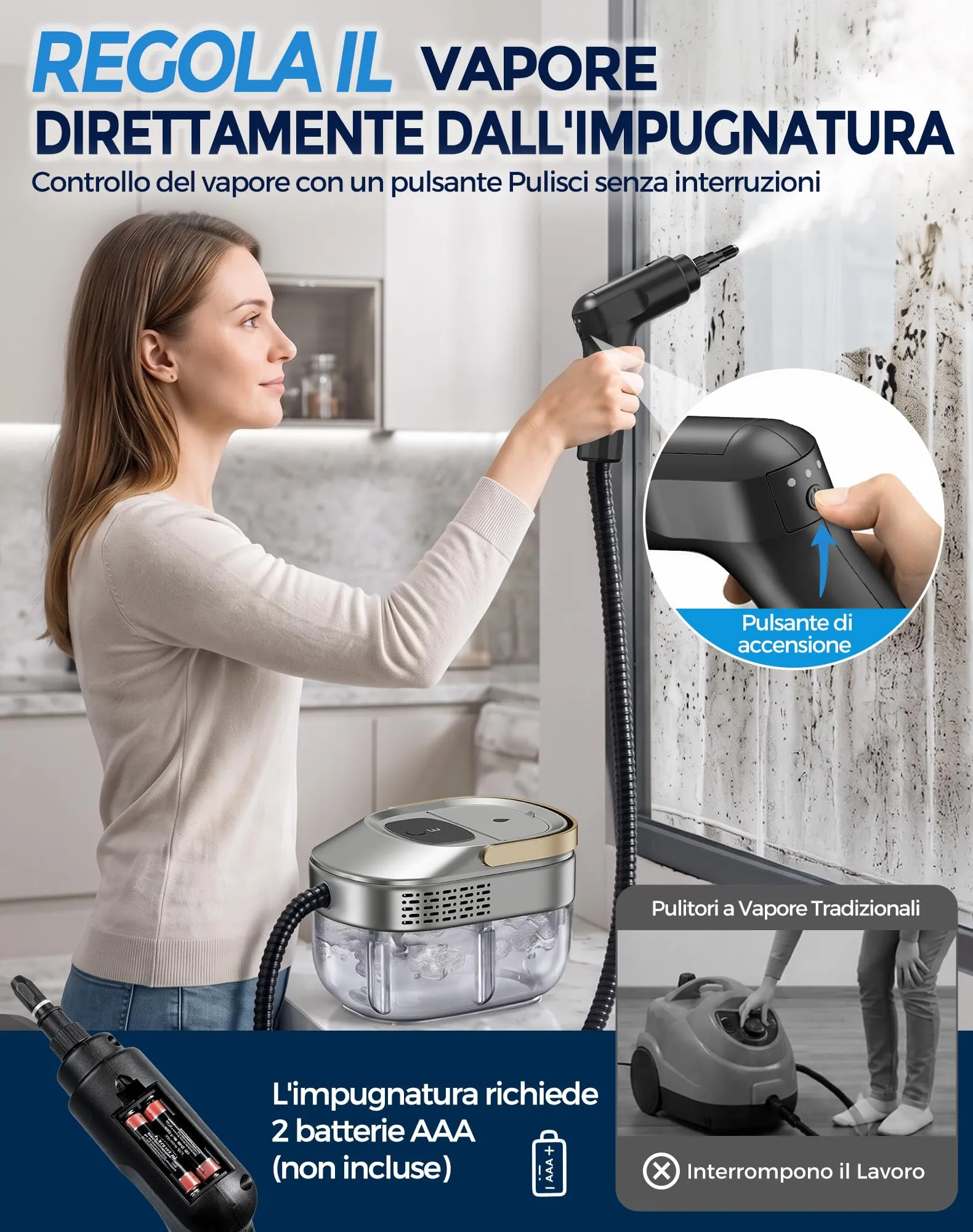 Fizicoo Pulitore a Vapore Portatile 1500W, Serbatoio 1,6L, 3 Livelli - immagine 4