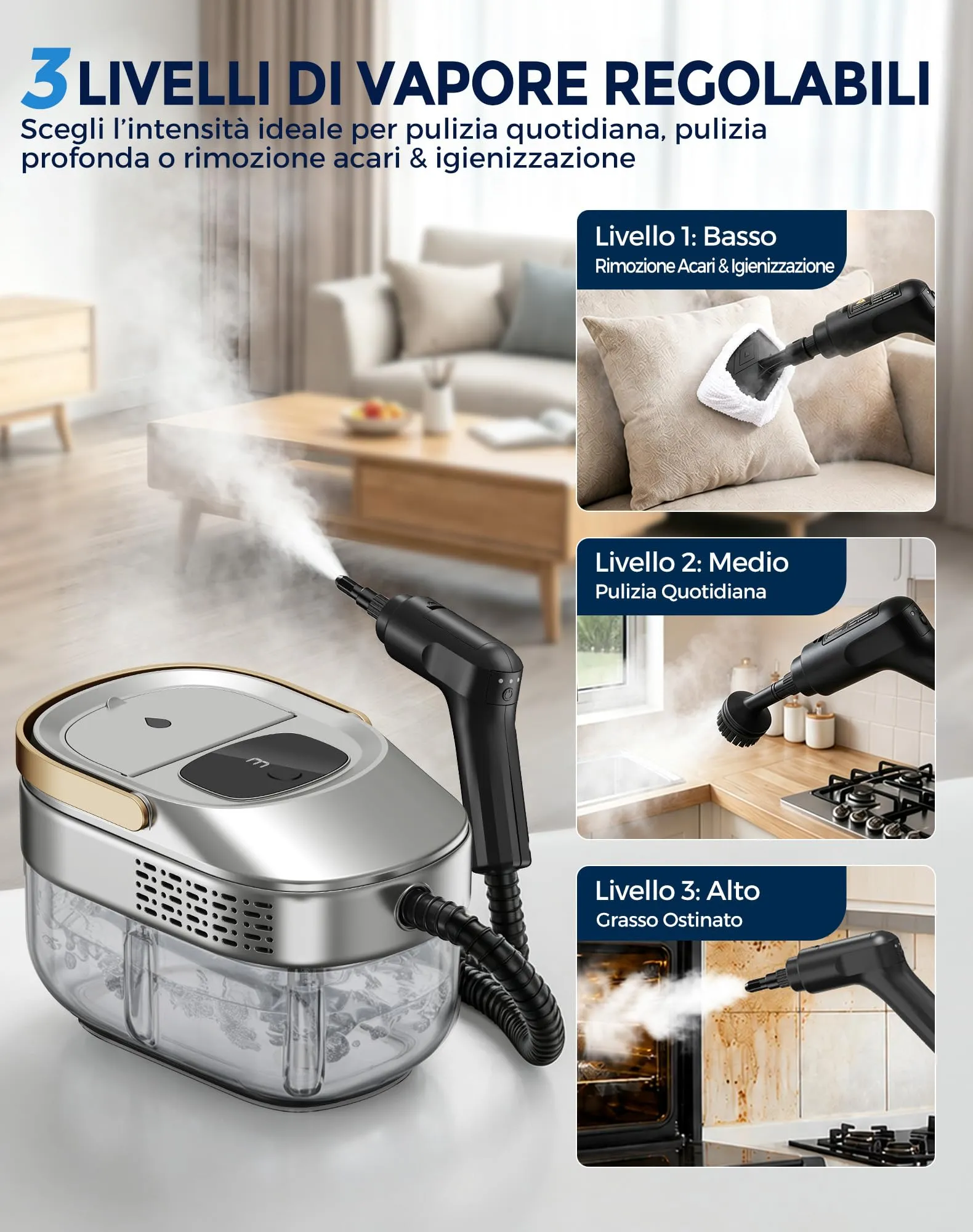 Fizicoo Pulitore a Vapore Portatile 1500W, Serbatoio 1,6L, 3 Livelli - immagine 5