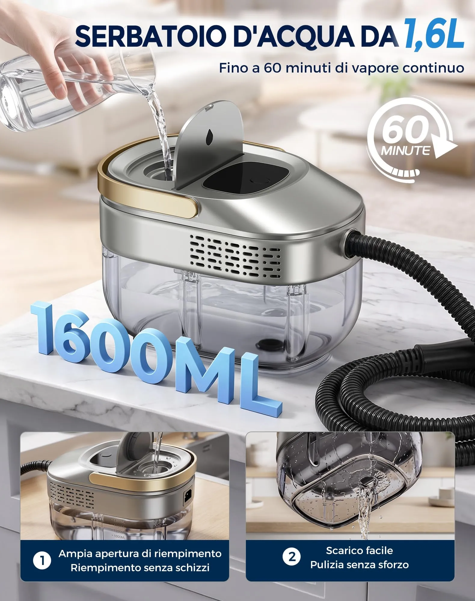 Fizicoo Pulitore a Vapore Portatile 1500W, Serbatoio 1,6L, 3 Livelli - immagine 6
