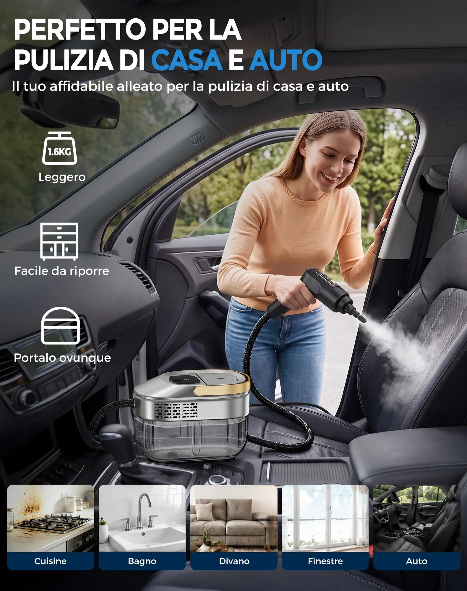 Fizicoo Pulitore a Vapore Portatile 1500W, Serbatoio 1,6L, 3 Livelli - immagine 8