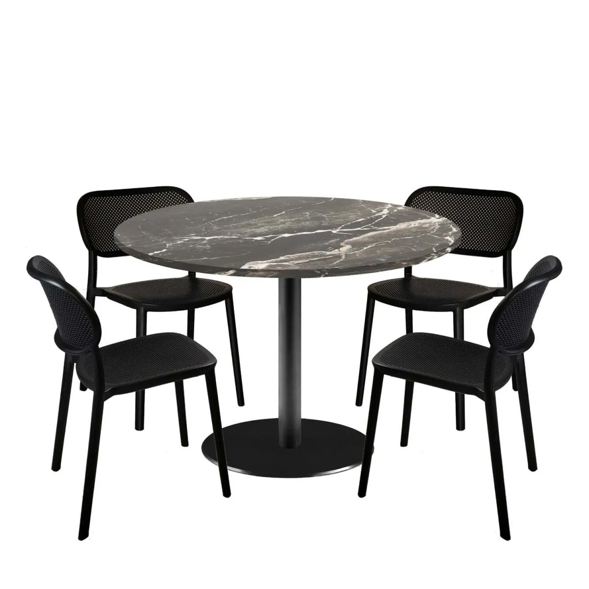 RestooTab Set tavolo Rome XL rotondo con 4 sedie - laminato pietra; 120x120x75x120 cm (LxLxHxØ); nero/marrone/marmorizzato; struttura nero; rotonda - immagine 1