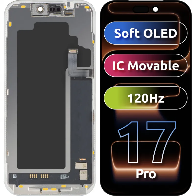 Display con Touchscreen MP compatibile con Apple iPhone 17 Pro, con Cornice, Versione Soft OLED FHD 120Hz IC Movable, Nero - immagine 1