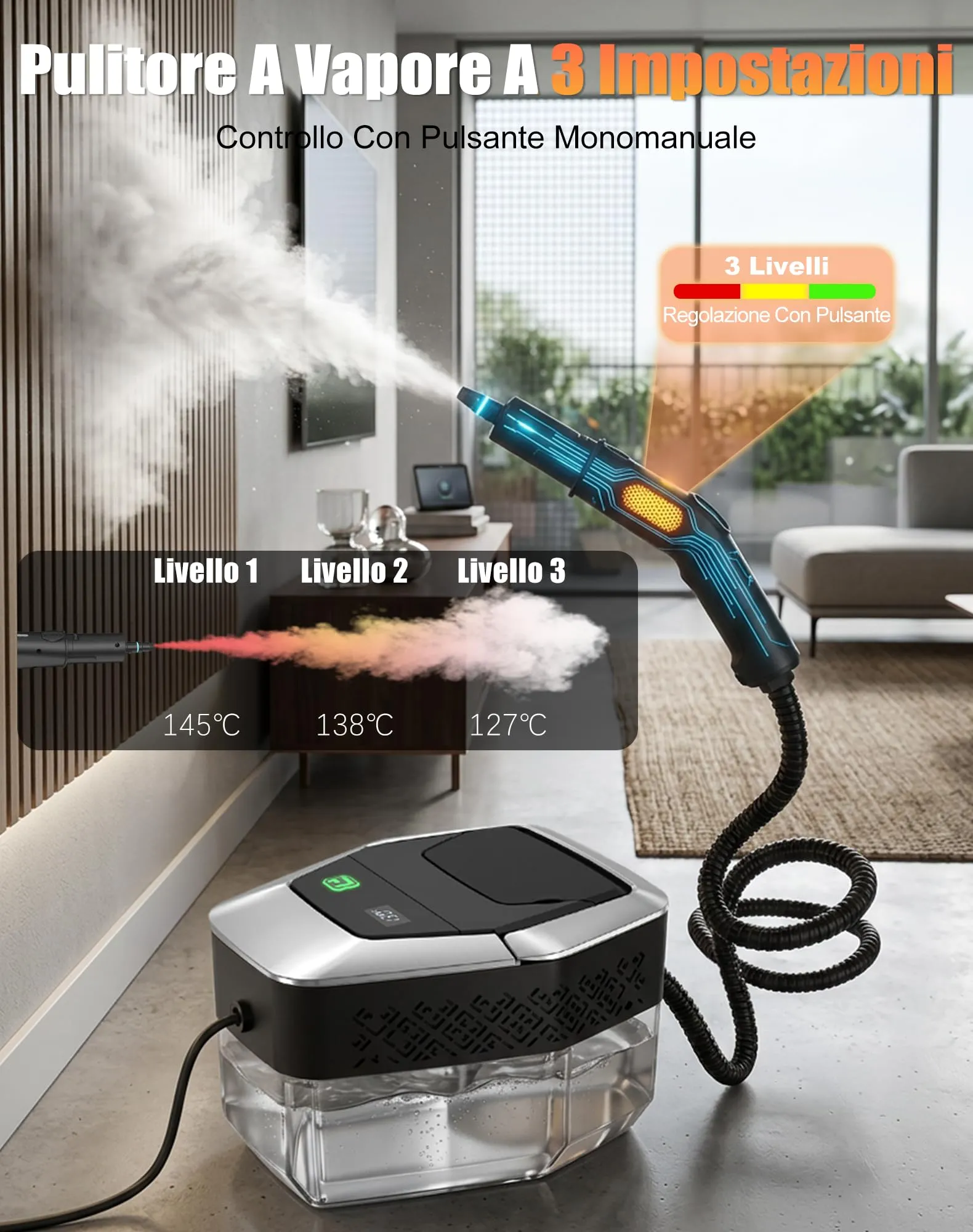 Pulitore a Vapore, Pulitore a Vapore Portatile, 1.8L Serbatoio, 4 Bar 1500W - immagine 2