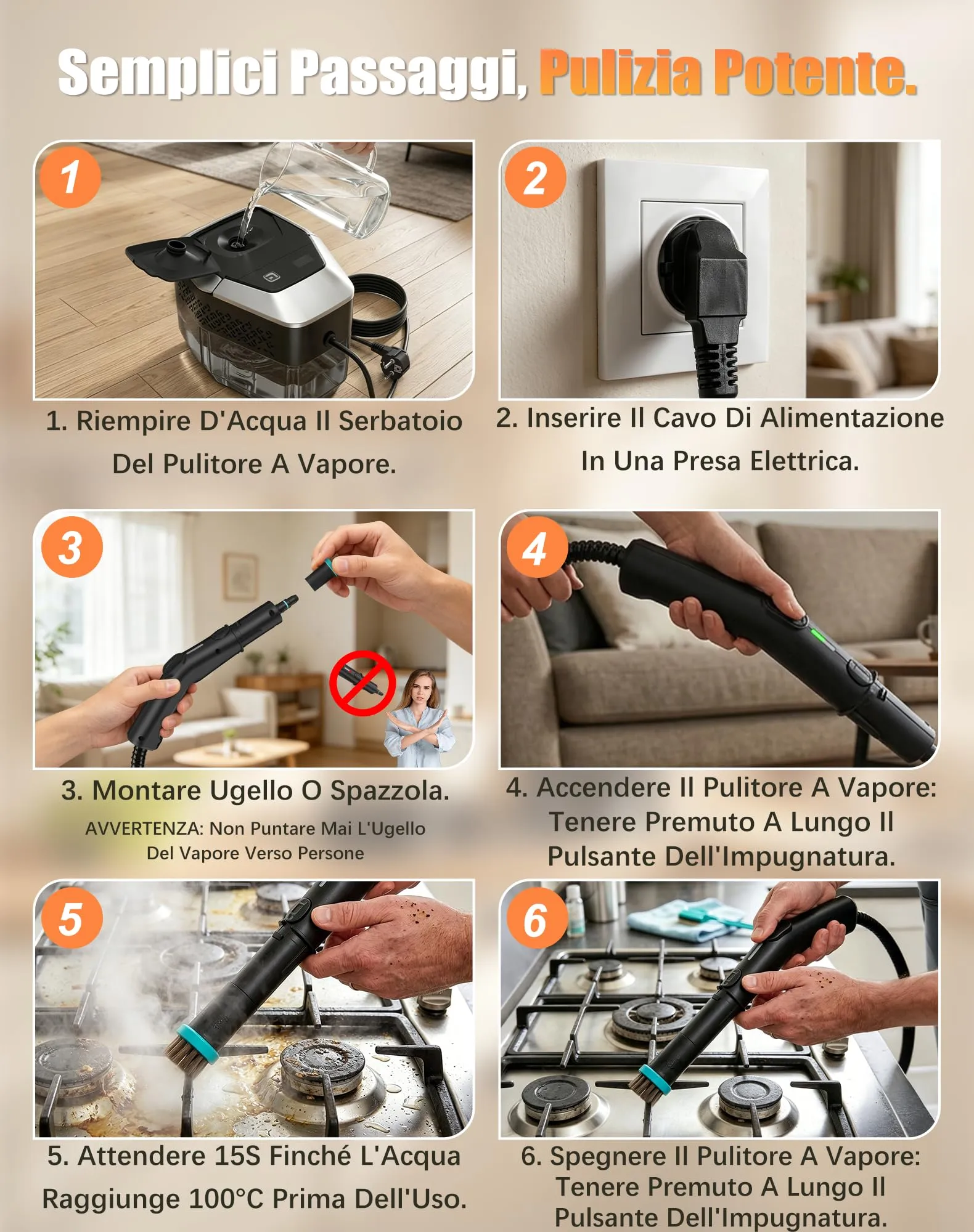 Pulitore a Vapore, Pulitore a Vapore Portatile, 1.8L Serbatoio, 4 Bar 1500W - immagine 5