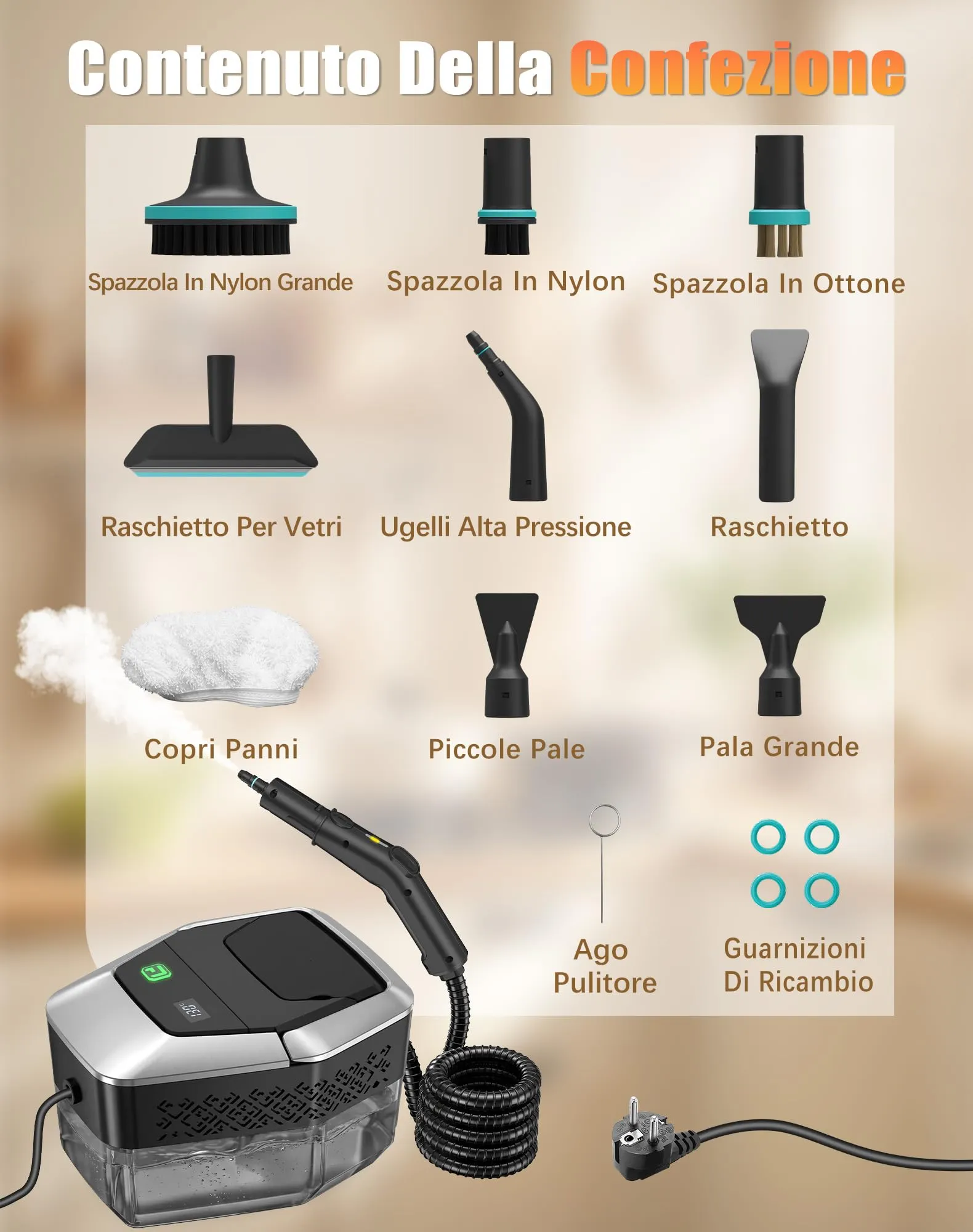Pulitore a Vapore, Pulitore a Vapore Portatile, 1.8L Serbatoio, 4 Bar 1500W - immagine 7