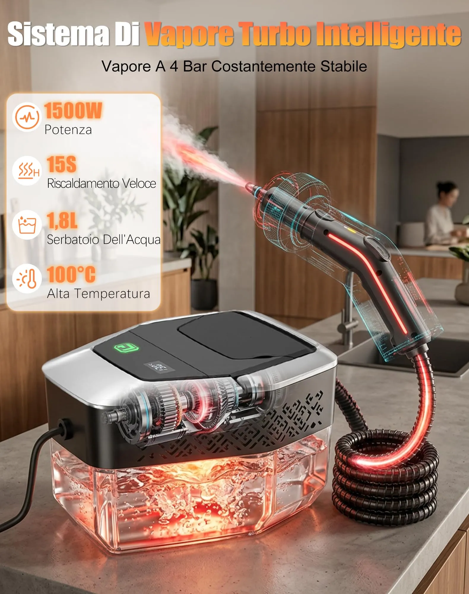Pulitore a Vapore, Pulitore a Vapore Portatile, 1.8L Serbatoio, 4 Bar 1500W - immagine 9