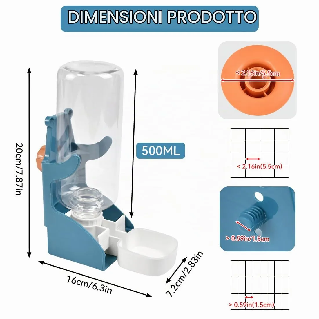 PULCINELLI Distributore Acqua Coniglio 500ML, Beverino da Appendere Gabbia - immagine 2