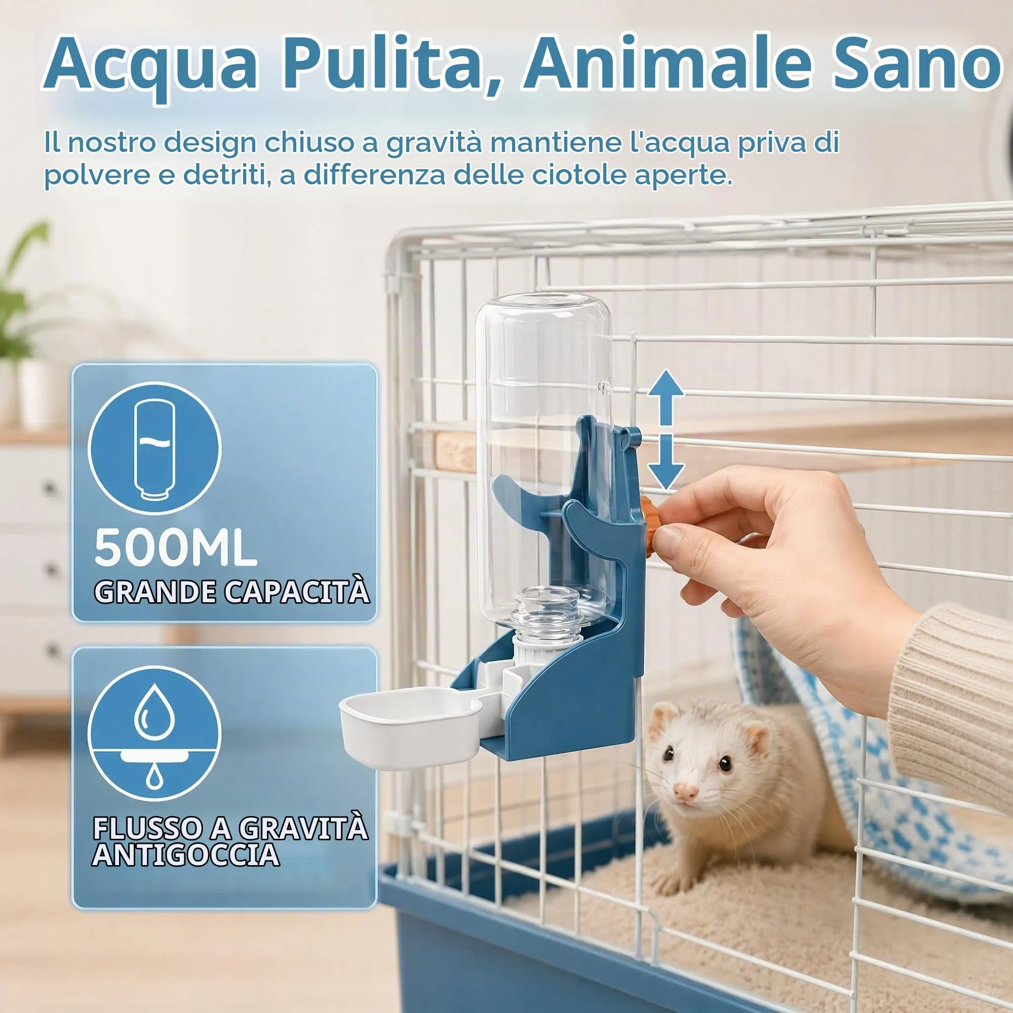 PULCINELLI Distributore Acqua Coniglio 500ML, Beverino da Appendere Gabbia - immagine 8