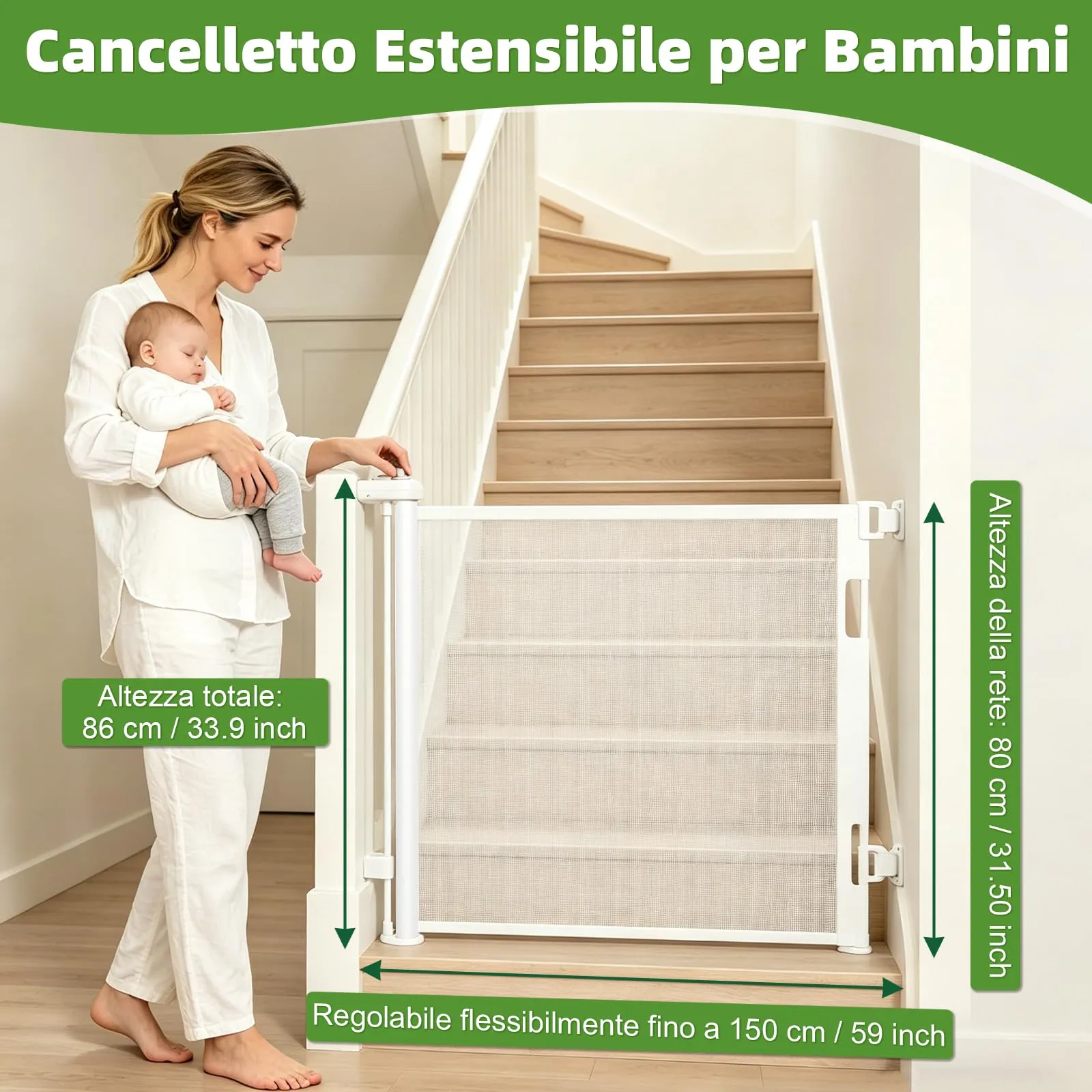 Dioxide Cancelletto di Sicurezza Retrattile per Bambini, 0-150 cm, Cancelletto di Sicurezza per Cani, Cancello Bambini Adatto per Scale, Cancello per Bambino Corridoi, Interni ed Esterni (Bianco) - immagine 4