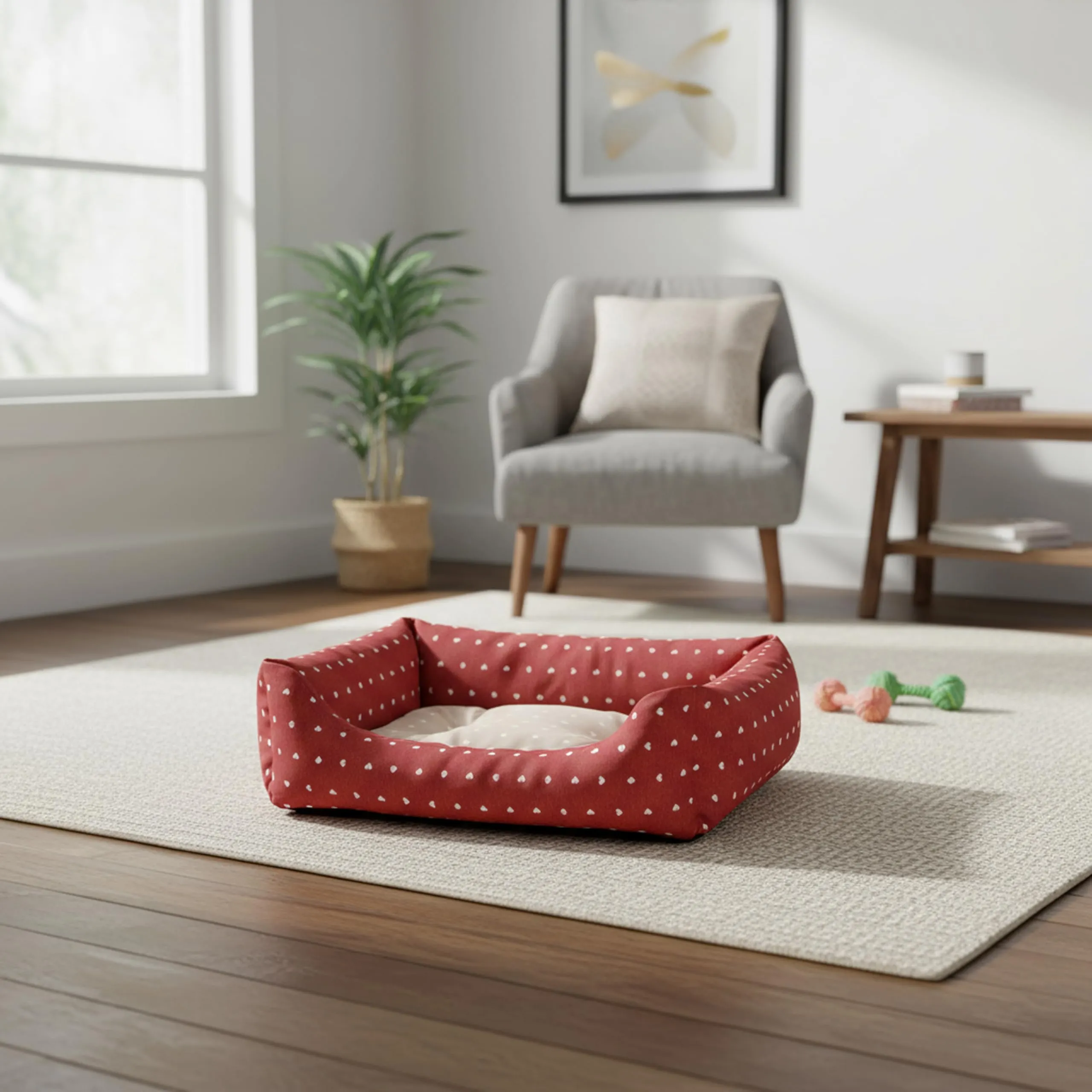 Baroni Home Cuccia per Cane in tessuto Rosso e Beige con Cuori 45x60 cm, Morbido Divano Rettangolare, Comodo, per Camera da Letto Salotto Corridoio, Lavabile - immagine 2