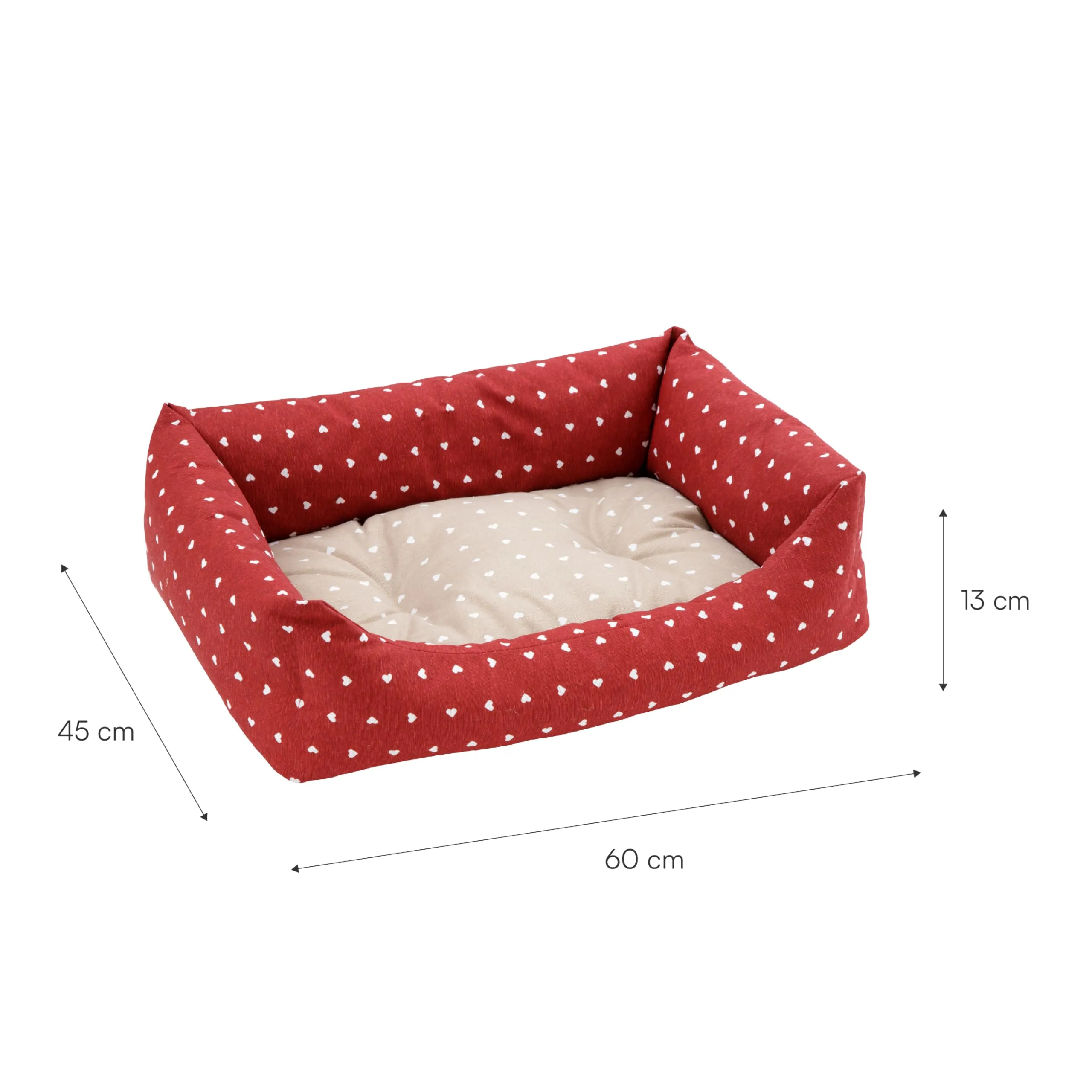 Baroni Home Cuccia per Cane in tessuto Rosso e Beige con Cuori 45x60 cm, Morbido Divano Rettangolare, Comodo, per Camera da Letto Salotto Corridoio, Lavabile - immagine 3