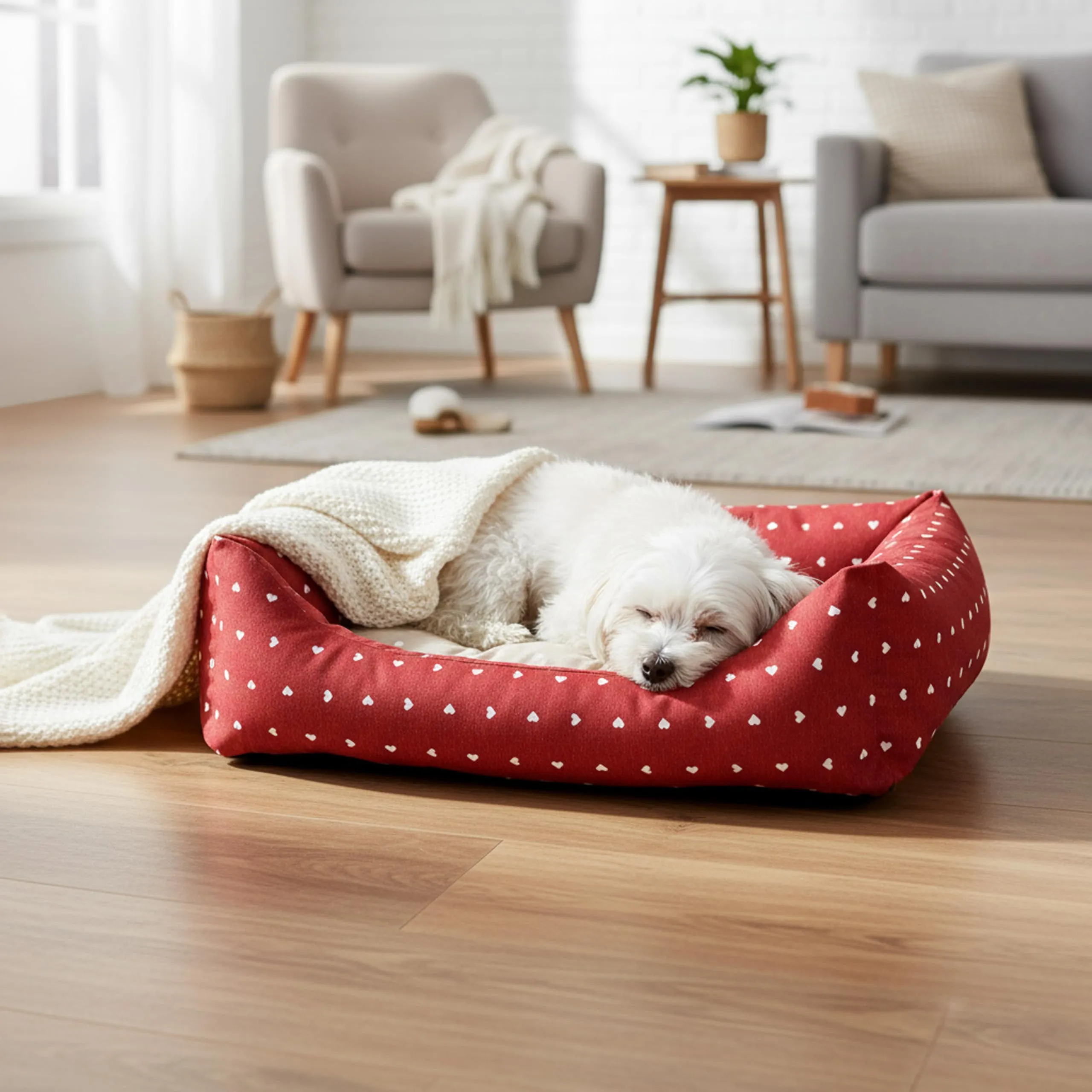 Baroni Home Cuccia per Cane in tessuto Rosso e Beige con Cuori 45x60 cm, Morbido Divano Rettangolare, Comodo, per Camera da Letto Salotto Corridoio, Lavabile - immagine 4