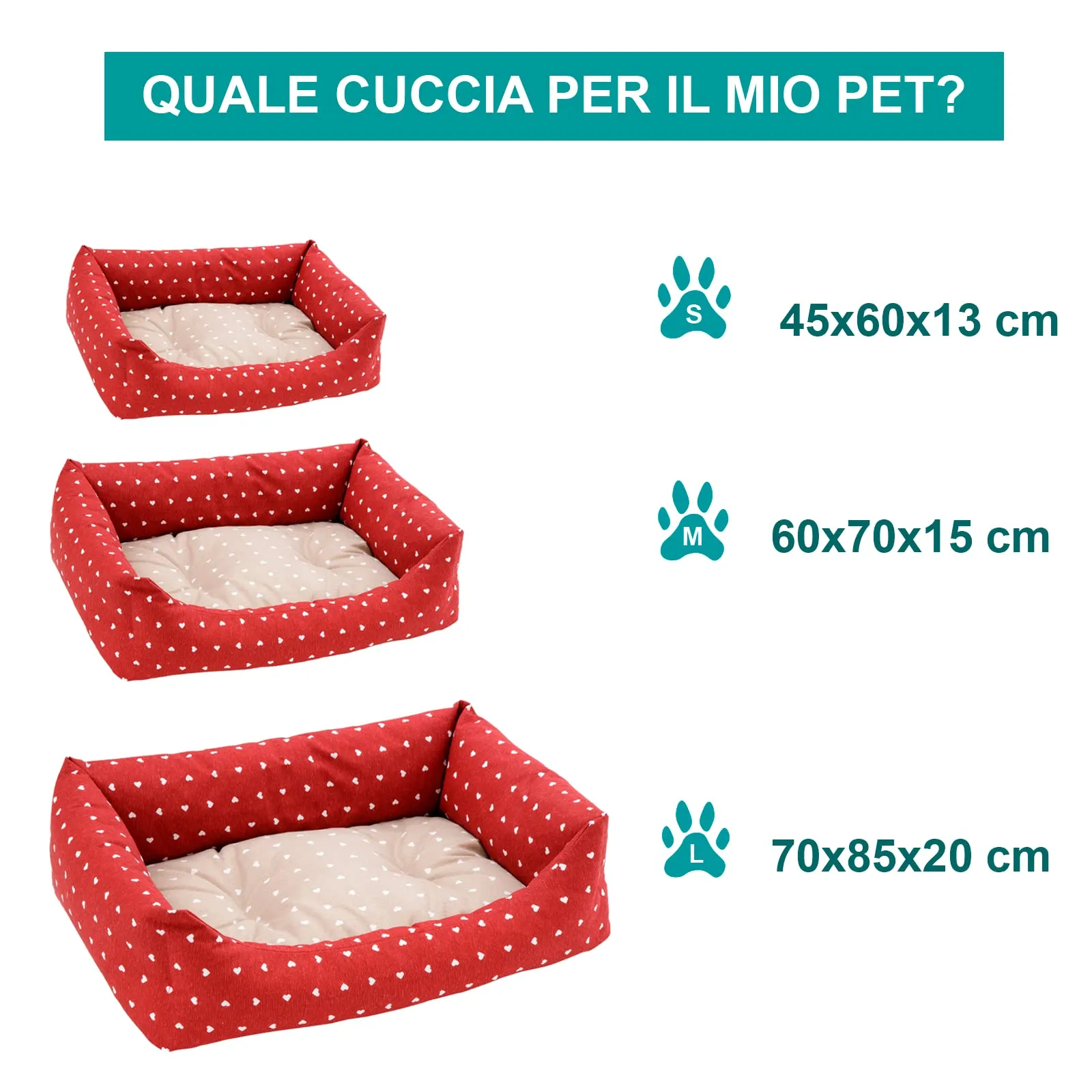 Baroni Home Cuccia per Cane in tessuto Rosso e Beige con Cuori 45x60 cm, Morbido Divano Rettangolare, Comodo, per Camera da Letto Salotto Corridoio, Lavabile - immagine 7