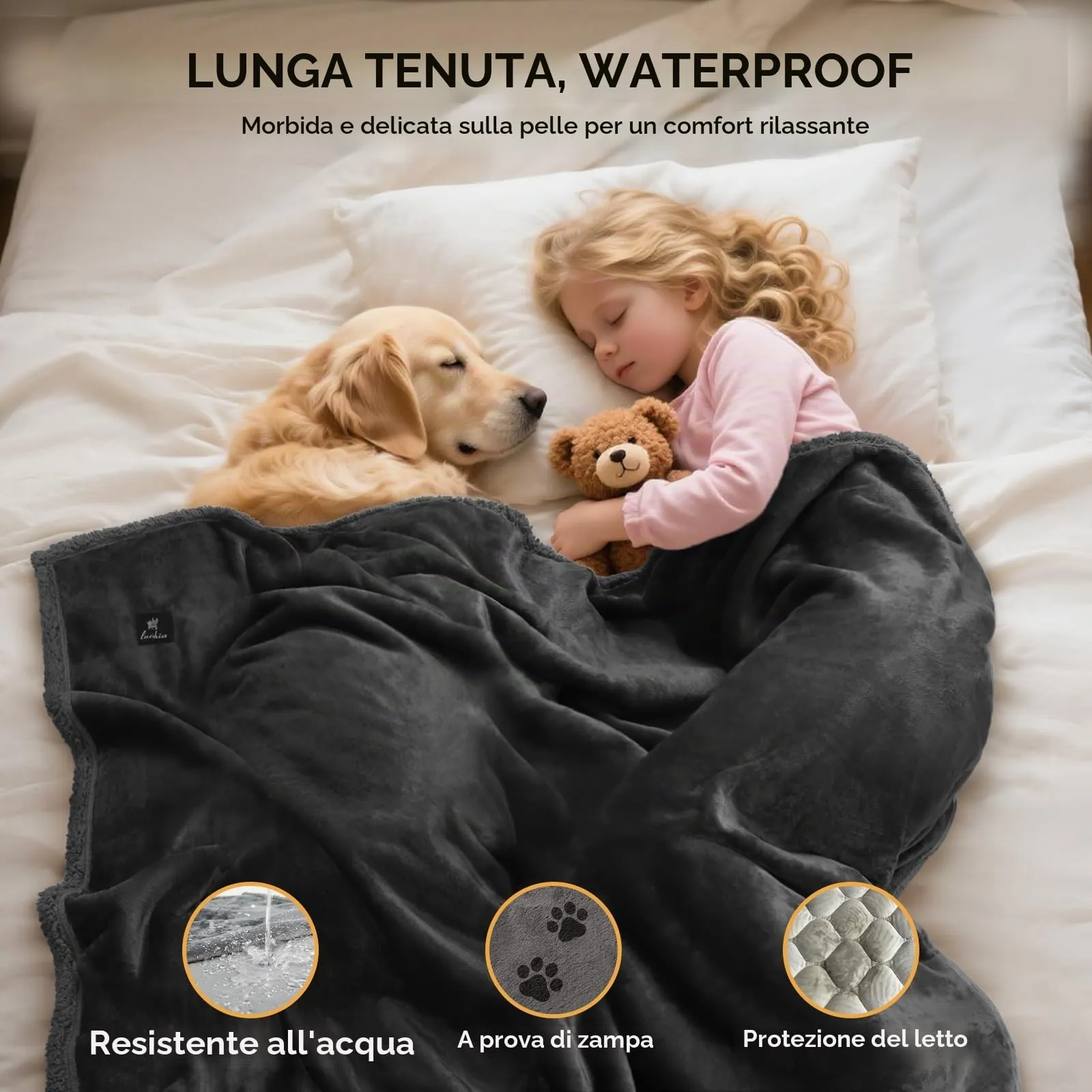 luciphia Coperta Impermeabile per Cani, Gatti e Animali Domestici, Design Triplo in Pile e Sherpa, Nero, M (102 * 145cm) - immagine 2