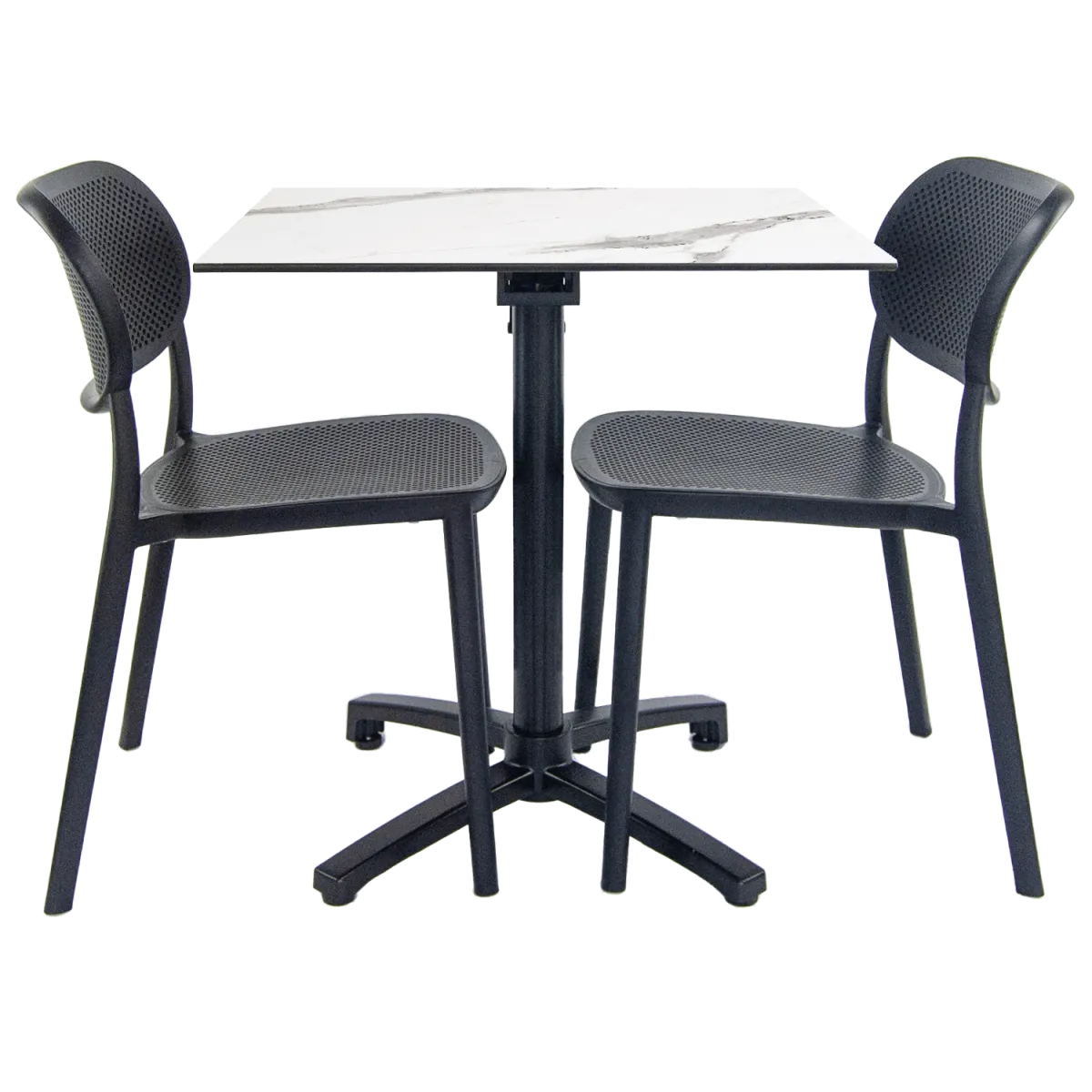 RestooTab Set da terrazza Tavolo pieghevole Diabolo con 2 sedie; 70x70x73 cm (LxLxH); Piano tavolo bianco/grigio/marmorizzato, struttura nero; quadrata - immagine 1