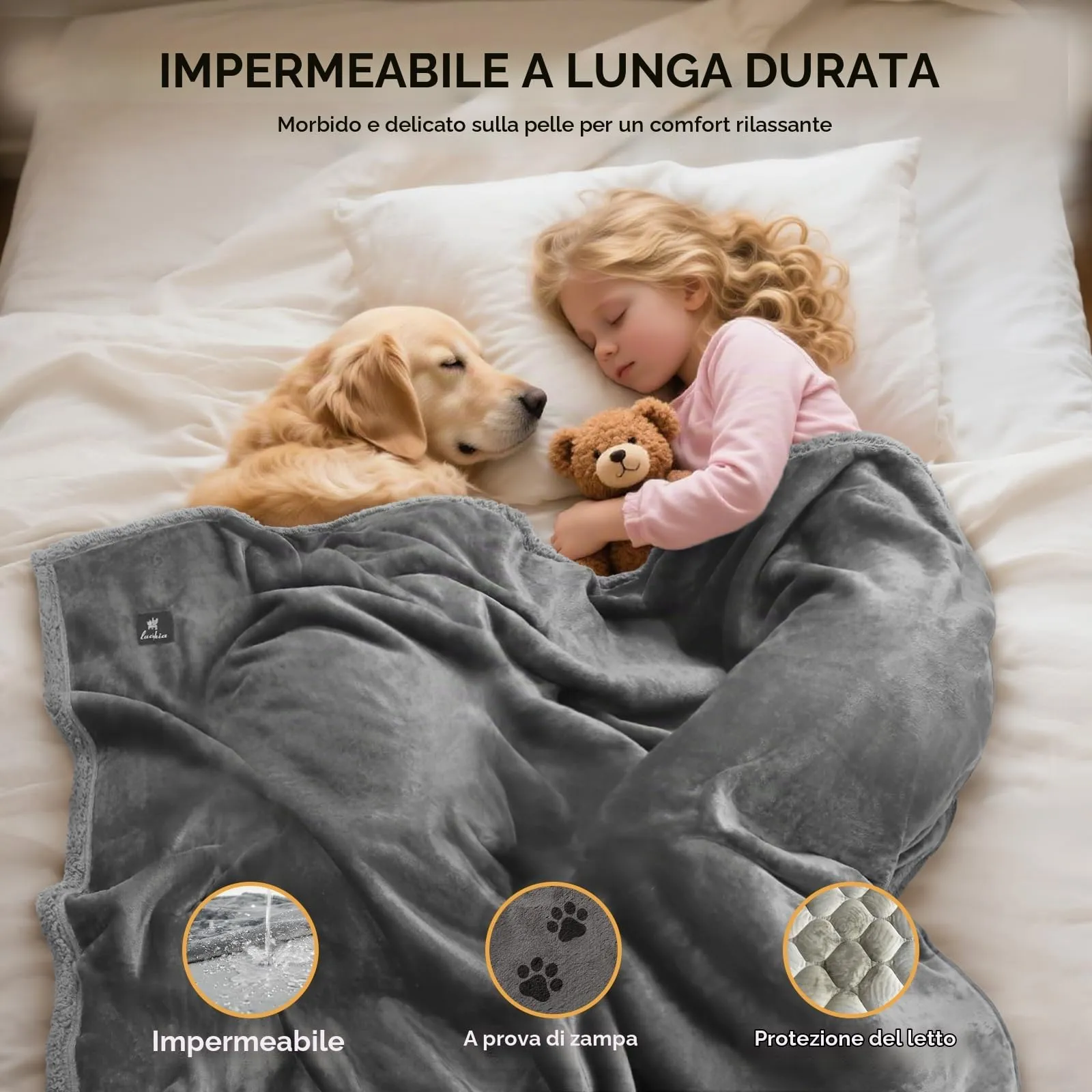 luciphia Coperta Impermeabile per Cani, Lavabile Coperta per Cani Gatti, Anti-Pipì di Grandi Dimensioni, Protezione del Divano in Pile Sherpa per Cani Grigio Chiaro L (145 * 165cm) - immagine 2