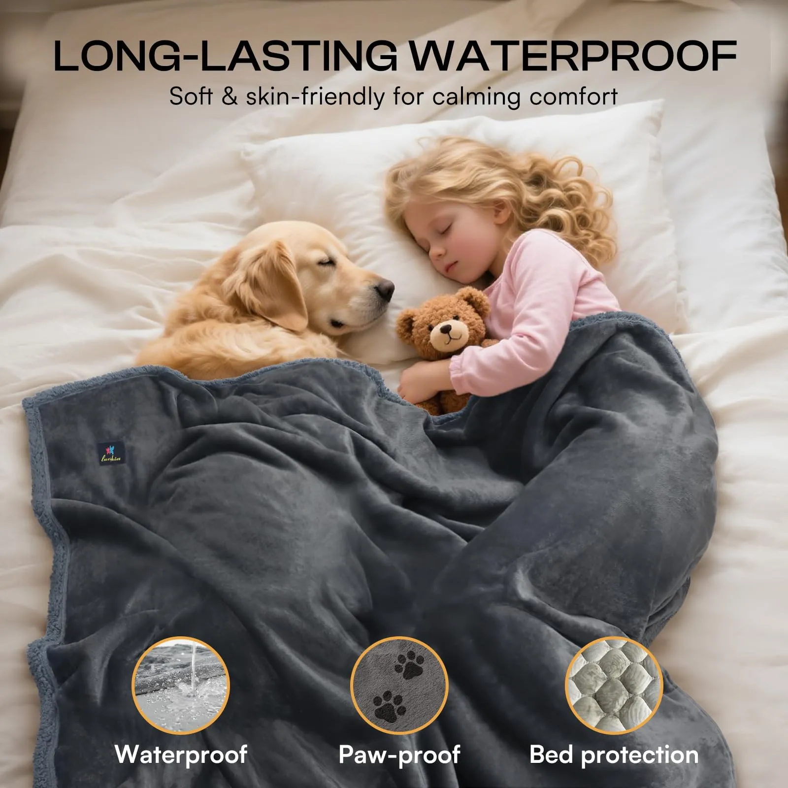 luciphia Coperta Impermeabile per Cani, Lavabile Coperta per Cani Gatti, Anti-Pipì di Grandi Dimensioni, Protezione del Divano in Pile Sherpa per Cani Grigio S (71 * 102cm) - immagine 2