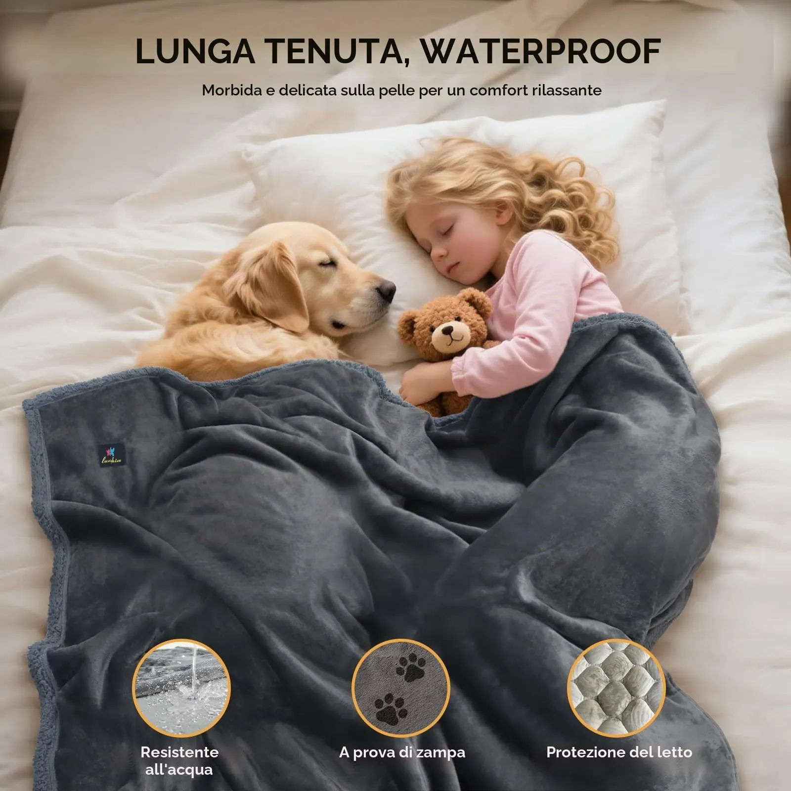 luciphia Coperta Impermeabile per Cani, Lavabile Coperta per Cani Gatti, Anti-Pipì di Grandi Dimensioni, Protezione del Divano in Pile Sherpa per Cani Grigio XL (145 * 216cm) - immagine 2