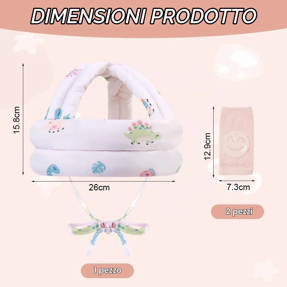HAGOT Caschetto Primi Passi, Primi Passi Per Bambini Neonati, Protezione Anticollisione Regolabile e Traspirante, con Ginocchiere (Rosa Dinosauro) - immagine 2