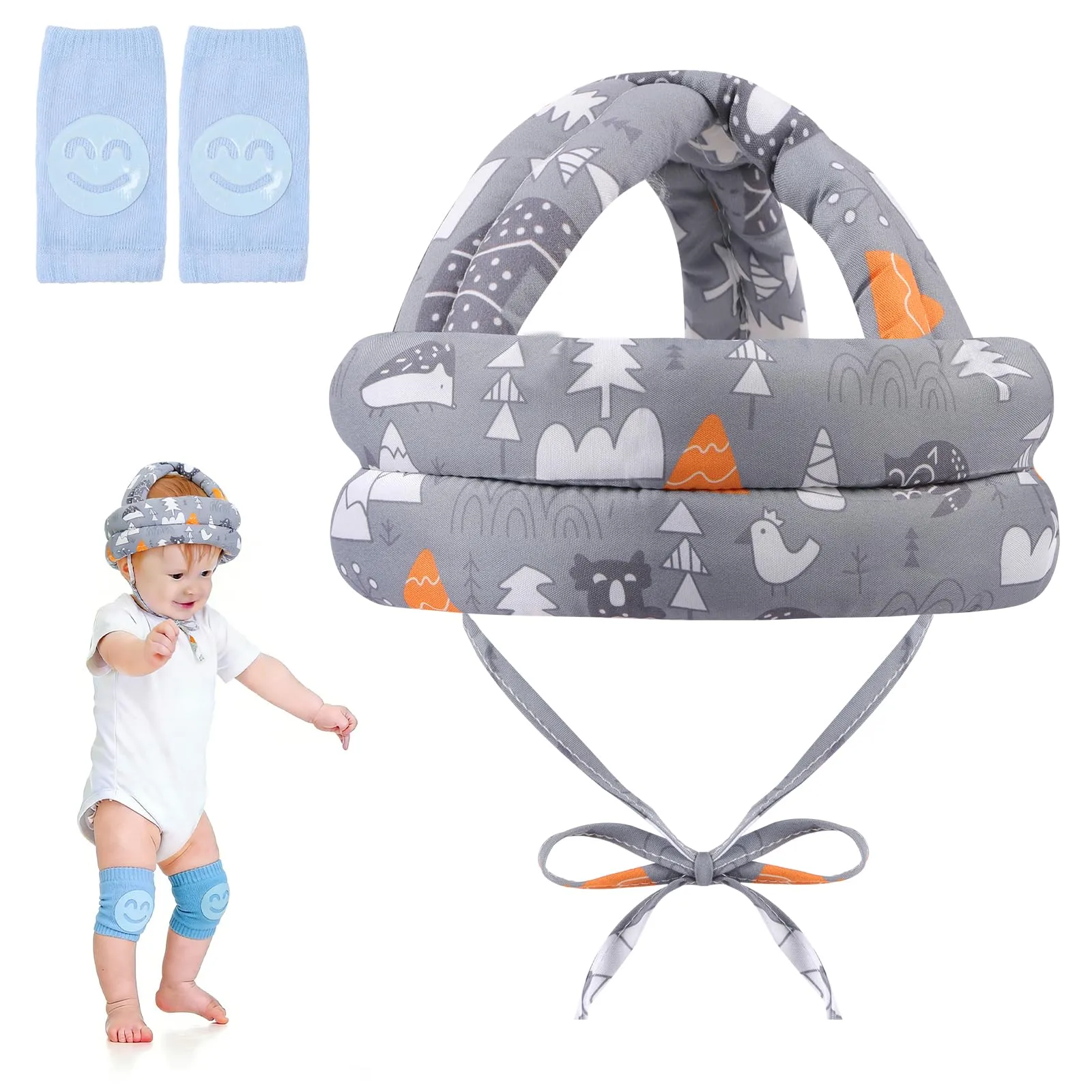 HAGOT Caschetto Primi Passi, Primi Passi Per Bambini Neonati, Protezione Anticollisione Regolabile e Traspirante, con Ginocchiere (Grigio) - immagine 1