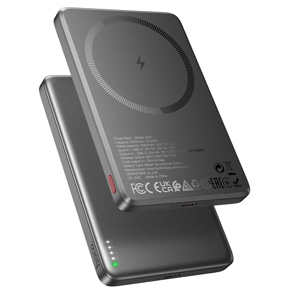 Batteria Esterna Wireless HOCO Q26, 5000mAh, 20W, PD + FQI, 1 x QI - 1 x USB-C, Grigio - immagine 1