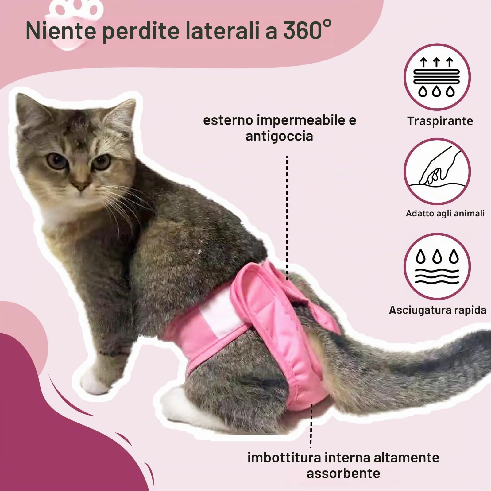 Hisprout, pannolini per gatti riutilizzabili, super assorbenti, lavabili, durevoli, mutande sanitarie con velcro regolabile, 3 pezzi (XS01) - immagine 5