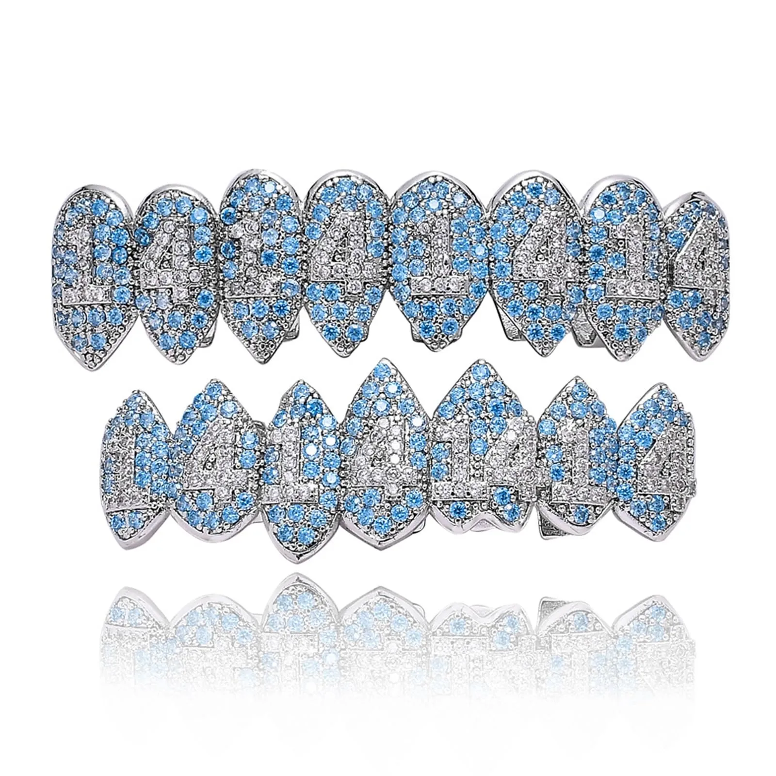 AHTCPO Grillz Hip Hop Placcati Oro con Strass CZ Blu & Bianco - Set di Dentari Superiori & Inferiori Regolabili Brillanti per Feste & Spettacoli(Platinum Set) - immagine 1