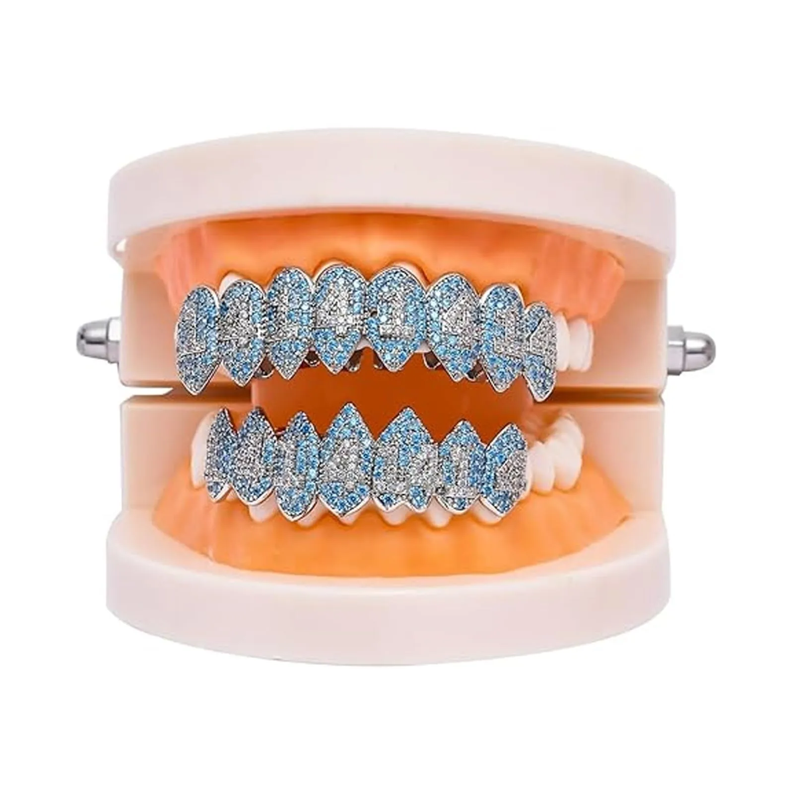 AHTCPO Grillz Hip Hop Placcati Oro con Strass CZ Blu & Bianco - Set di Dentari Superiori & Inferiori Regolabili Brillanti per Feste & Spettacoli(Gold Upper Teeth) - immagine 2