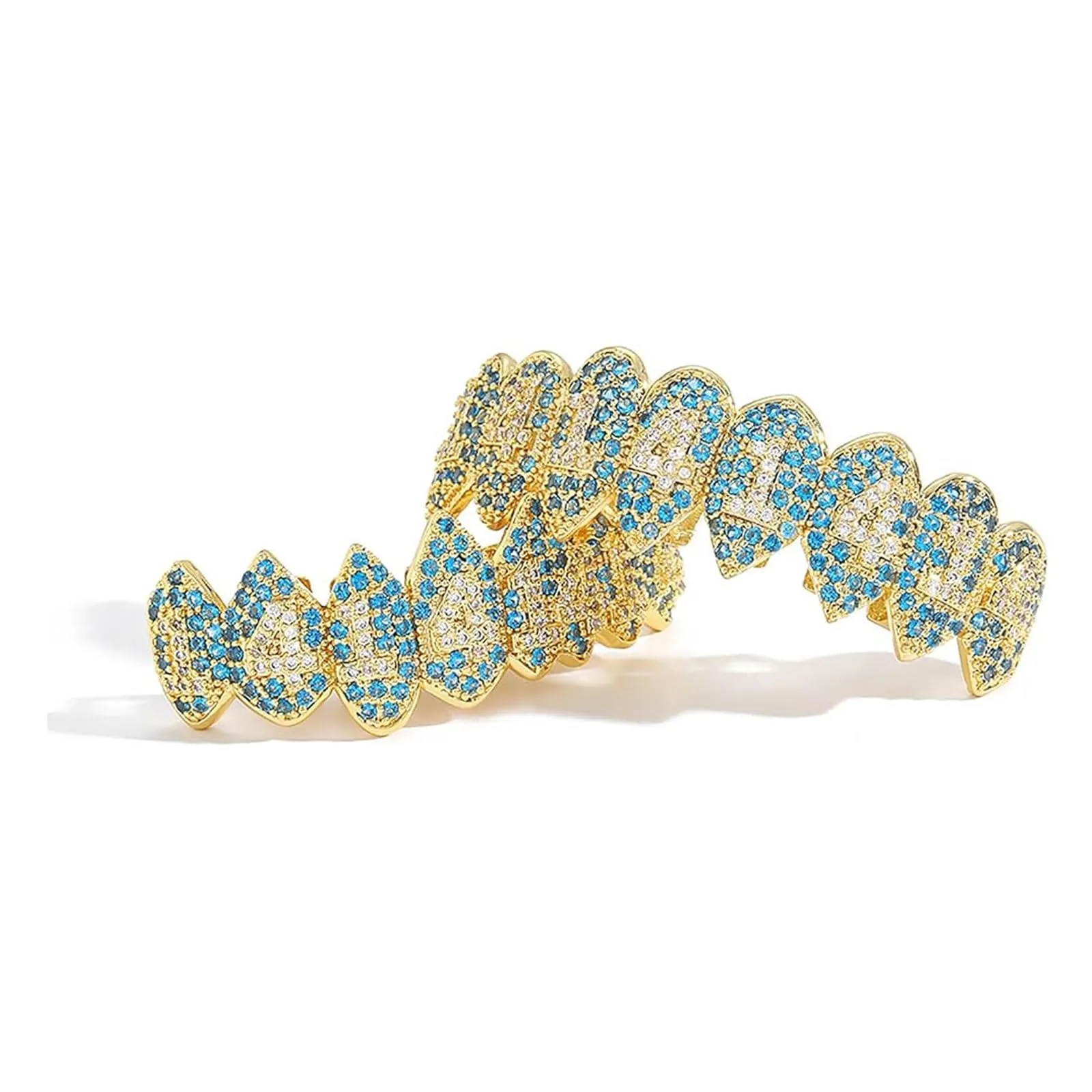 AHTCPO Grillz Hip Hop Placcati Oro con Strass CZ Blu & Bianco - Set di Dentari Superiori & Inferiori Regolabili Brillanti per Feste & Spettacoli(Gold Upper Teeth) - immagine 7