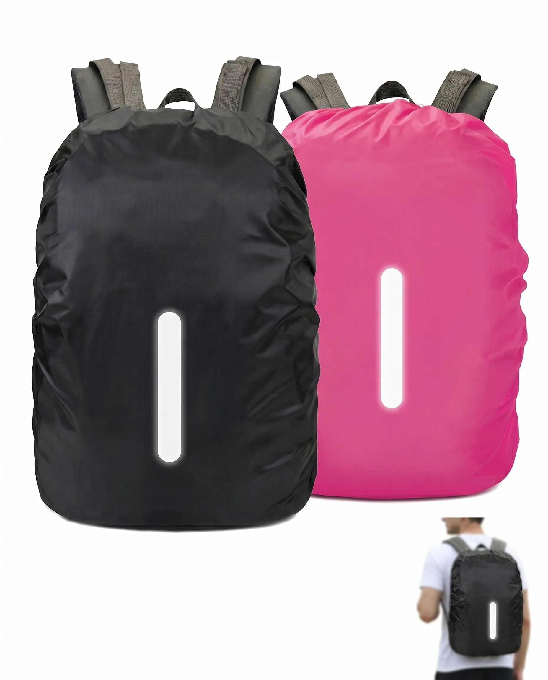 BTACGWP Coprizaino Impermeabile 2 Pezzi Nero + Rosa Magenta con Strisce Riflettenti ad Alta Visibilità, Protezione Totale contro la Pioggia per Escursionismo e Ciclismo Sicuro - immagine 1