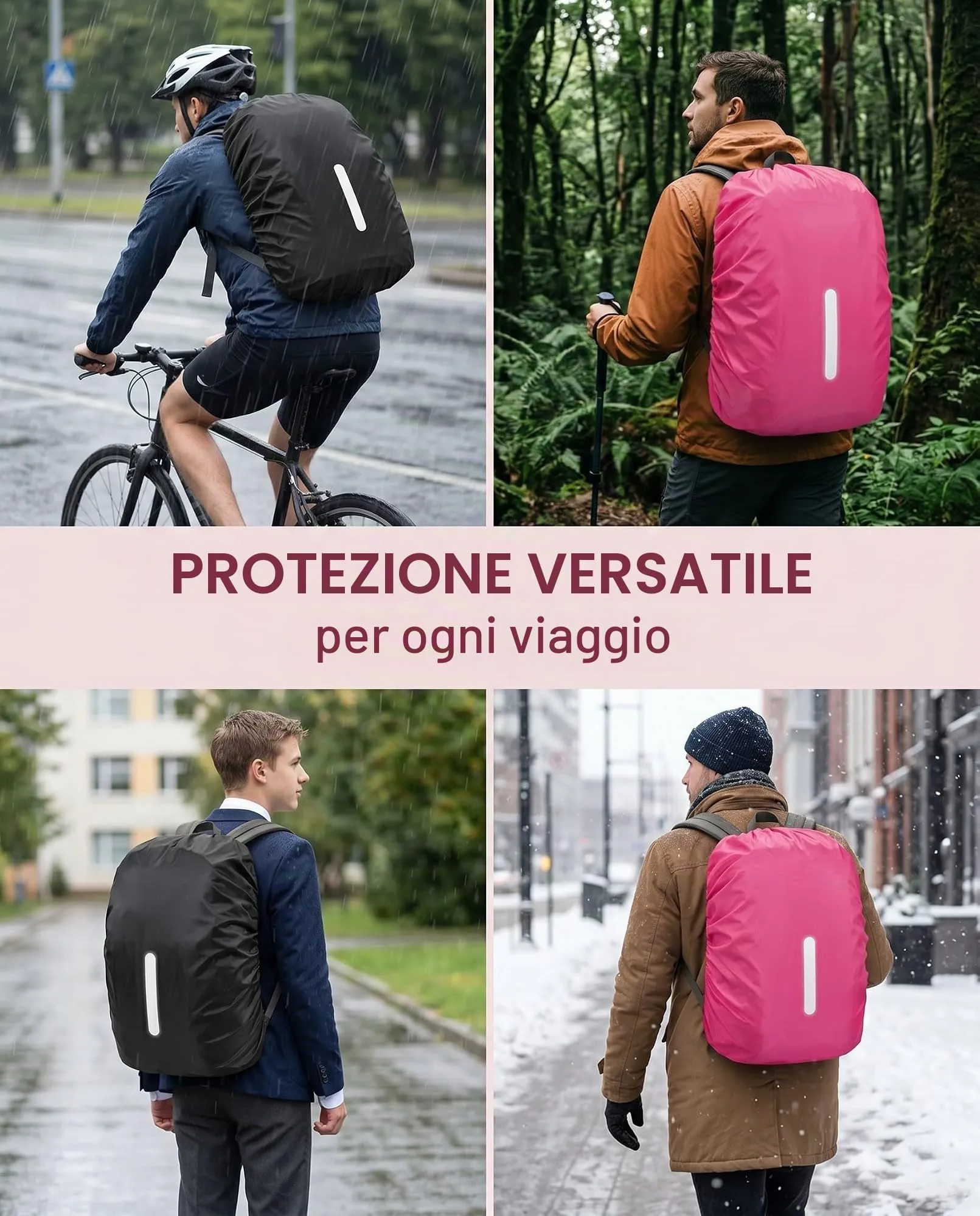 BTACGWP Coprizaino Impermeabile 2 Pezzi Nero + Rosa Magenta con Strisce Riflettenti ad Alta Visibilità, Protezione Totale contro la Pioggia per Escursionismo e Ciclismo Sicuro - immagine 6