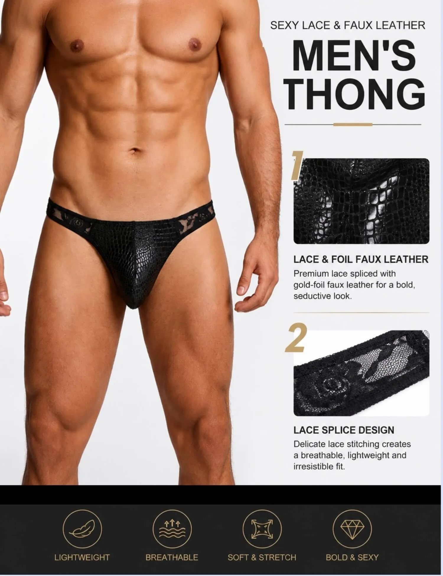 ohyeahlady Perizoma Uomo Sexyhot Gay Perizoma Filo Pelle Pu Mini Slip Uomo Vita Bassa Tanga Sexyhot Costume da Bagno Slip Thong Mutande Intimo L,Nero - immagine 5