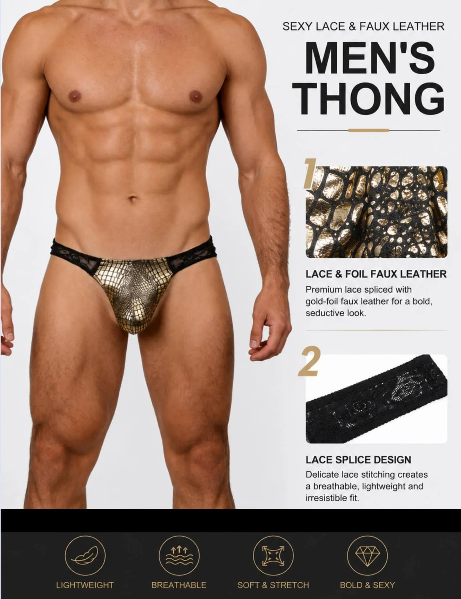 ohyeahlady Perizoma Uomo Sexyhot Gay Perizoma Filo Pelle Pu Mini Slip Uomo Vita Bassa Tanga Sexyhot Costume da Bagno Slip Thong Mutande Intimo XL,Oro - immagine 4
