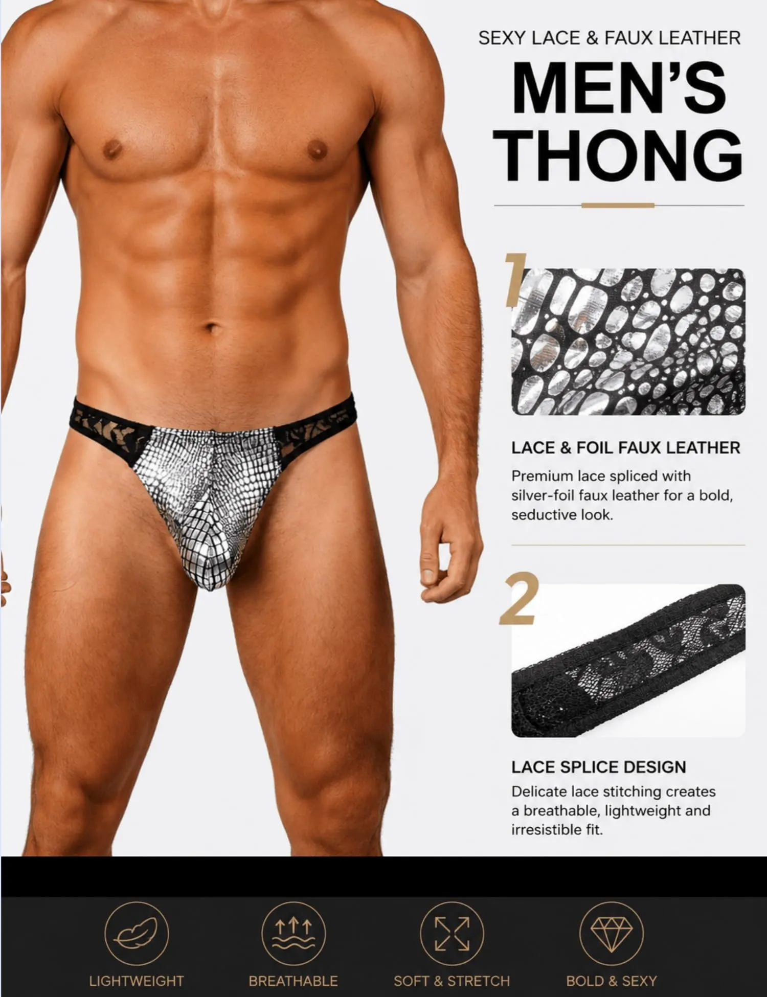 ohyeahlady Perizoma Uomo Sexyhot Gay Perizoma Filo Pelle Pu Mini Slip Uomo Vita Bassa Tanga Sexyhot Costume da Bagno Slip Thong Mutande Intimo L,Argento - immagine 5