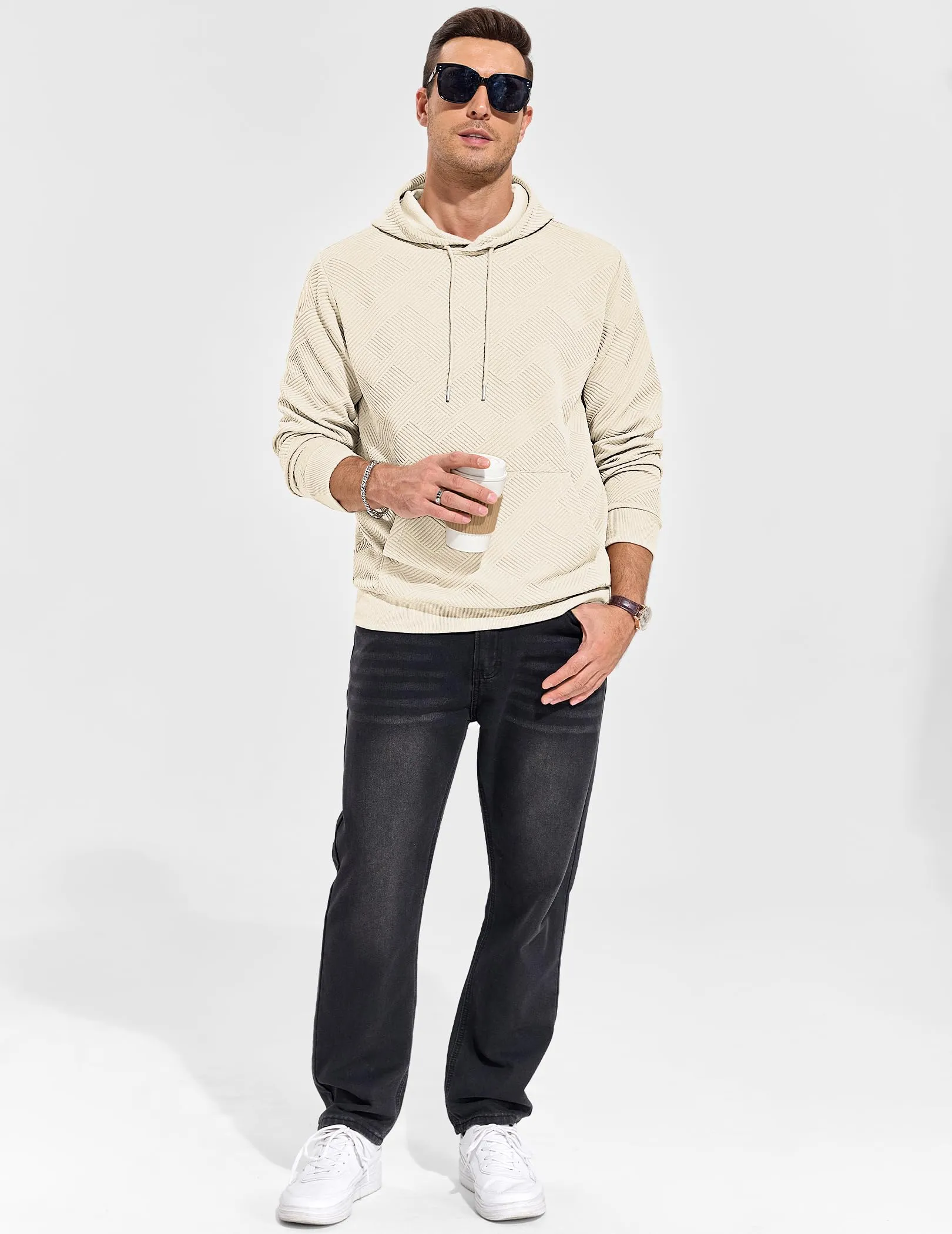 TARAINYA Felpa con Cappuccio Uomo Cotone Hoodie Beige 5XL - immagine 3