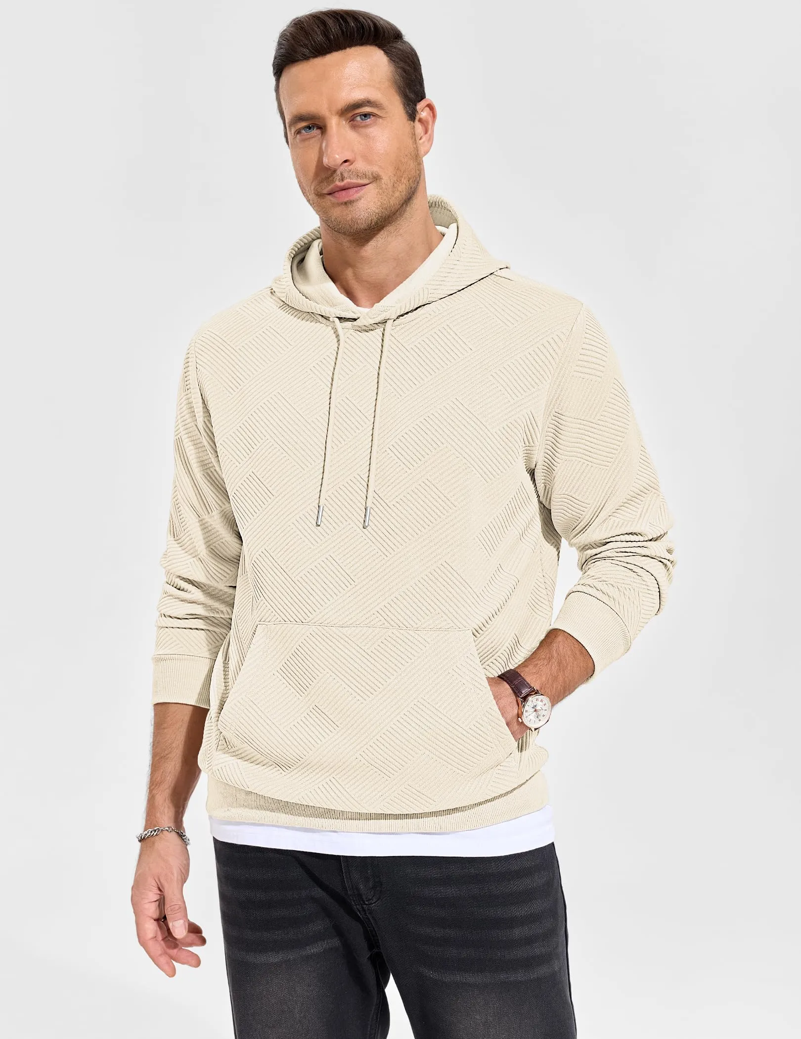 TARAINYA Felpa con Cappuccio Uomo Cotone Hoodie Beige M - immagine 2