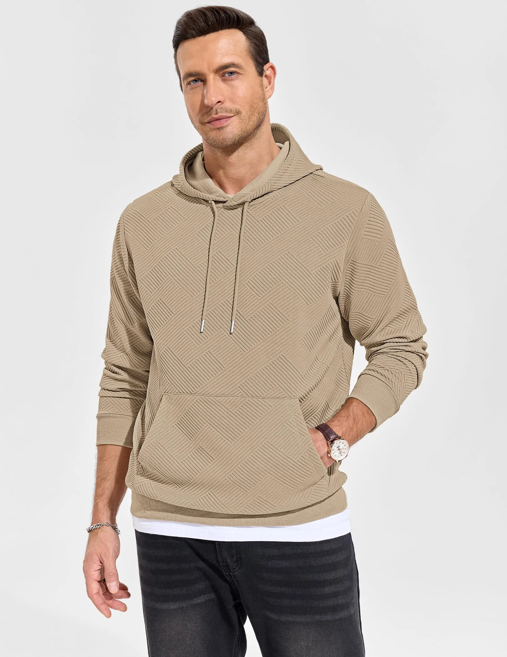 TARAINYA Felpa con Cappuccio Uomo Cotone Hoodie Cachi chiaro 5XL - immagine 2