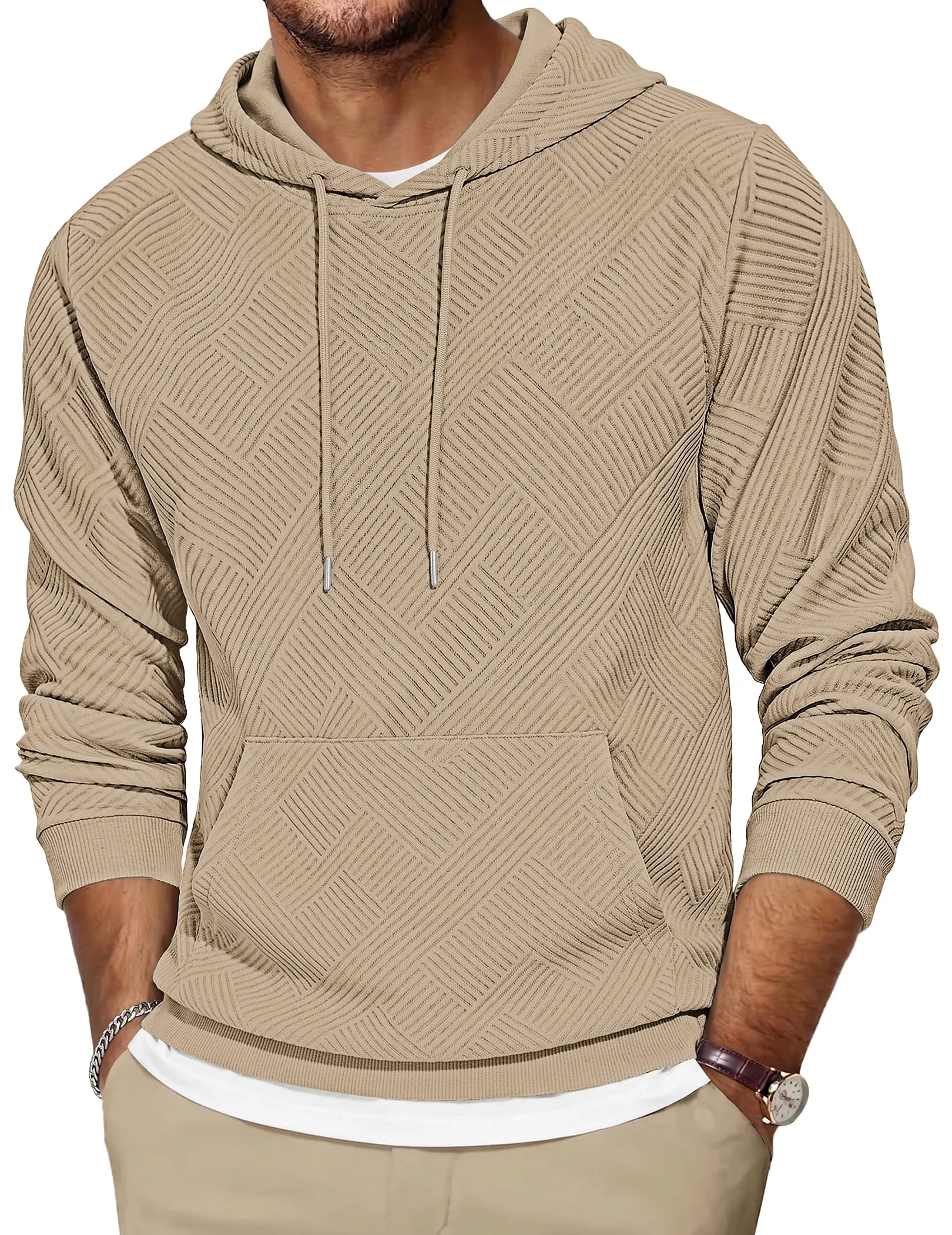TARAINYA Felpa con Cappuccio Uomo Cotone Hoodie Cachi chiaro M - immagine 1