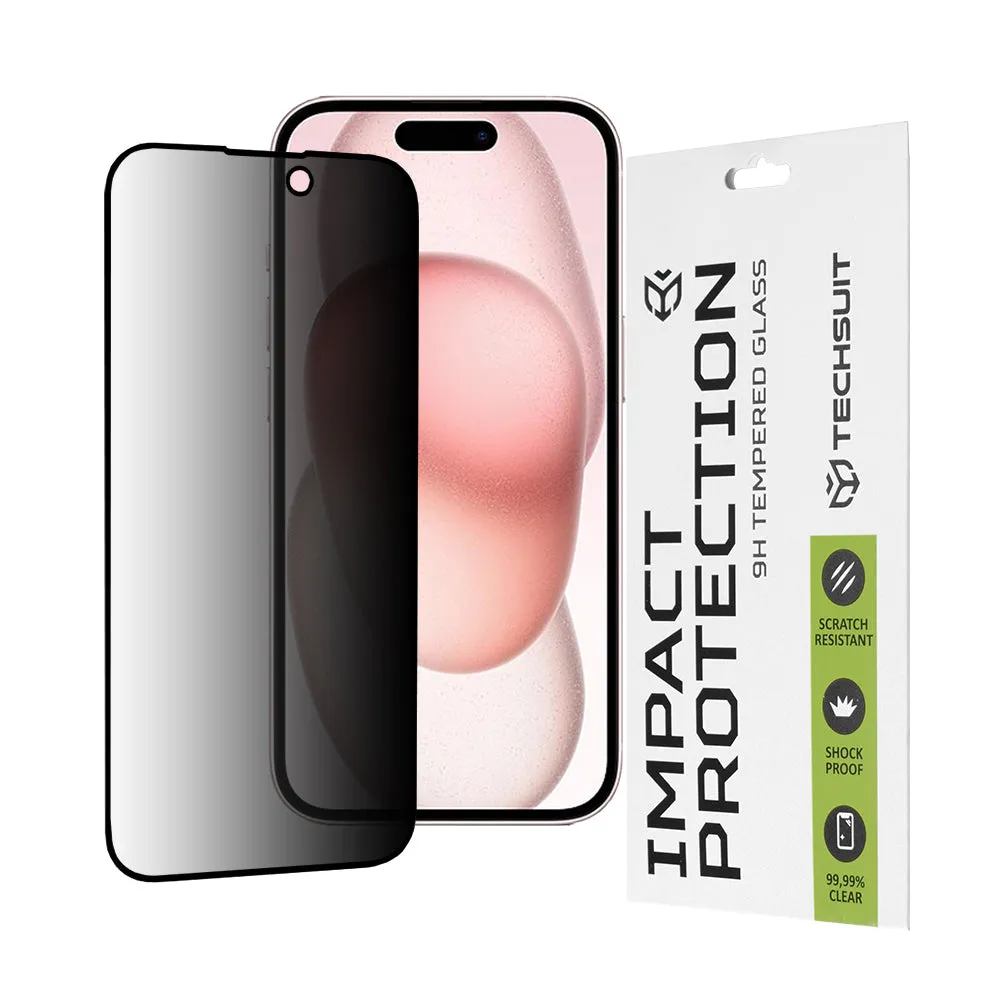 Pellicola protettiva per schermo Privacy Techsuit per Apple iPhone 16 / 15, Vetro temperato, Full Glue, 111D - immagine 1
