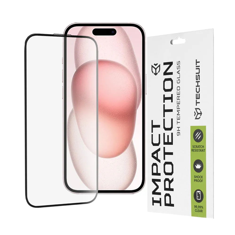 Pellicola Protettiva per Schermo Techsuit per Apple iPhone 16 / 15, Vetro Temperato, Full Glue, 111D, Nero - immagine 1