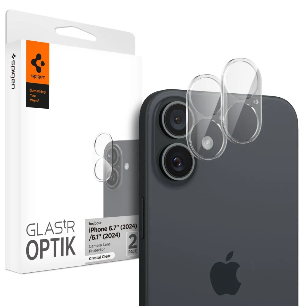 Pellicola protettiva per fotocamera posteriore Spigen GlastR Optik per Apple iPhone 16 Plus / 16, vetro temperato, set da 2 pezzi, trasparente AGL07923 - immagine 1