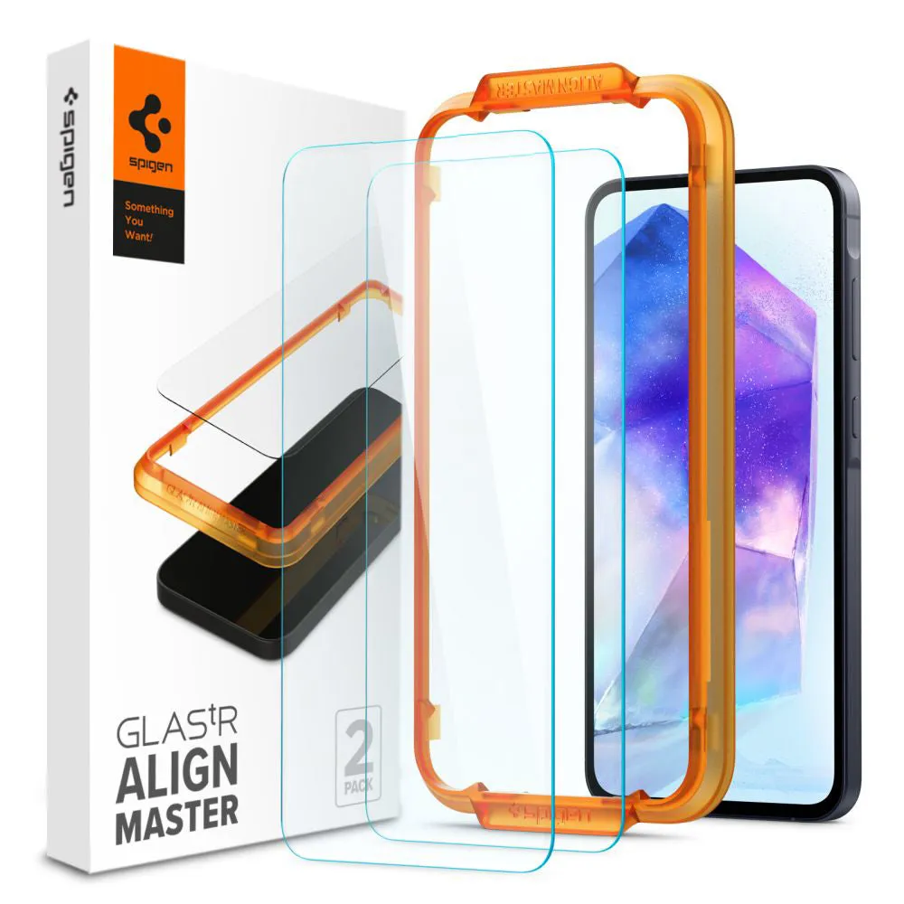 Pellicola protettiva per schermo Spigen GlastR Align Master per Samsung Galaxy A55 5G A556, Vetro temperato, Full Glue, Set 2 pezzi AGL07775 - immagine 1