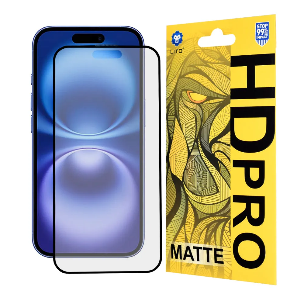 Pellicola protettiva per schermo Matte Lito HD Pro per Apple iPhone 16, Vetro Temperato, Full Glue, Nero - immagine 1