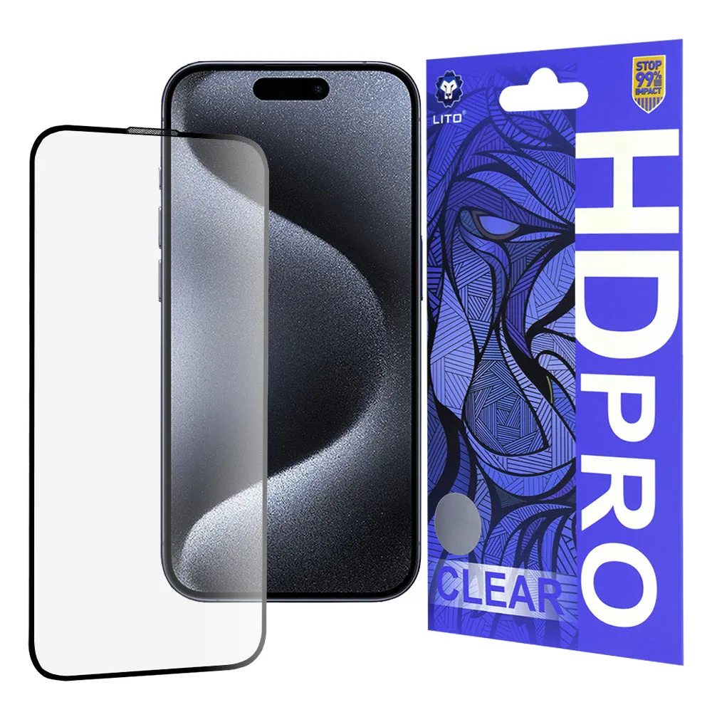 Pellicola protettiva per schermo Lito HD Pro Clear per Apple iPhone 15 Pro, Vetro temperato, Full Glue, Nero - immagine 1