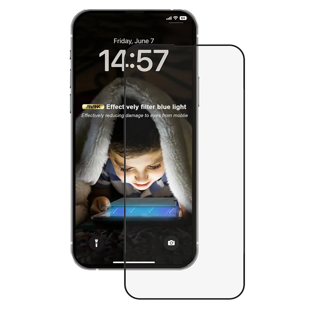 Pellicola protettiva per schermo Anti Blue Light Anank 3X Rinforzata per Apple iPhone 16 Pro Max, Vetro Temperato, Full Glue, 2.5D, Nero - immagine 1
