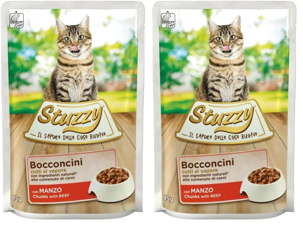 Stuzzy, Cibo Umido per Gatti Adulti, Bocconcini con Manzo, in Busta, Alto Contenuto di Carne, Ingredienti Naturali, Cottura al Vapore, 24 x 85 Gr (Confezione da 2) - immagine 1