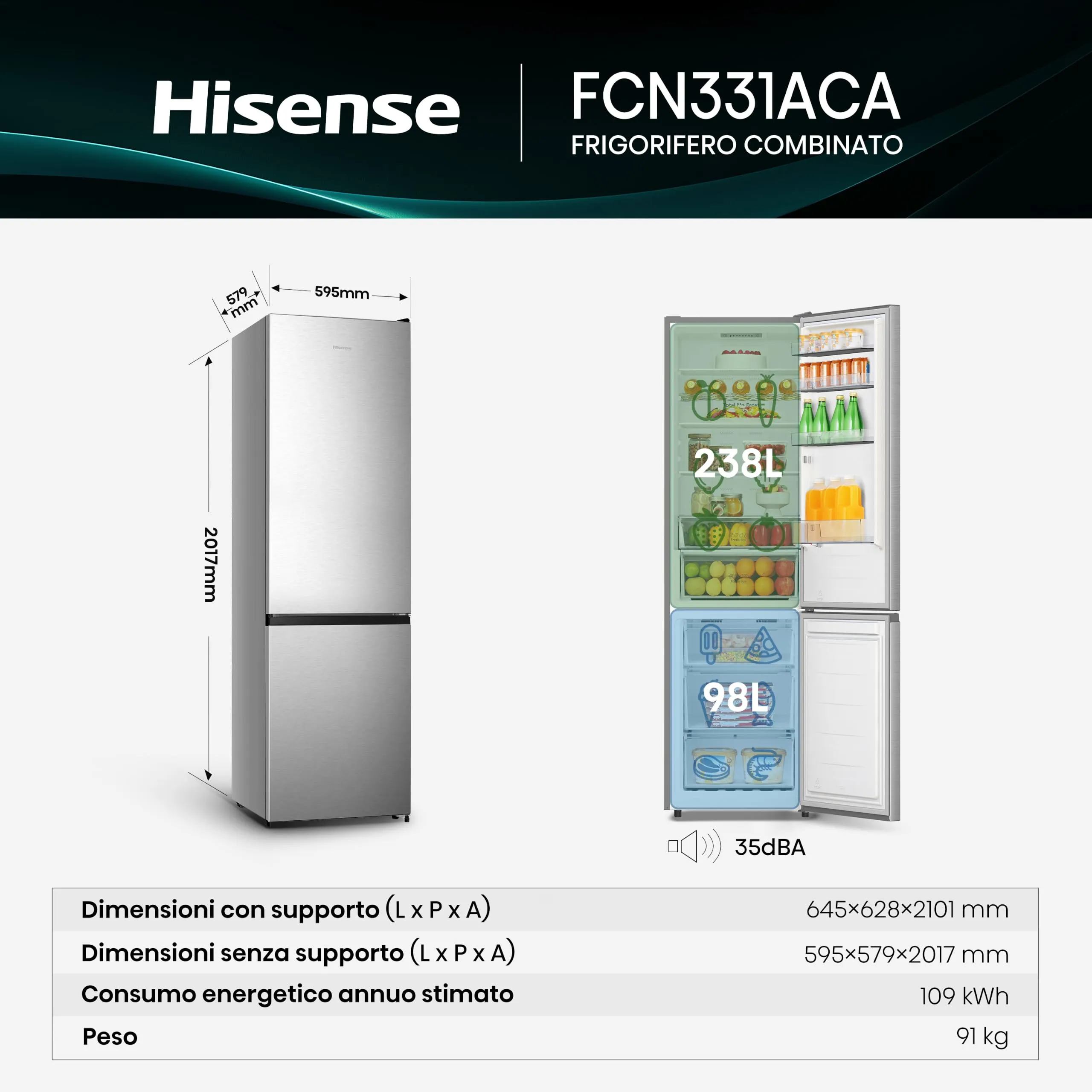 Hisense FCN331ACA NUOVO Frigorifero Combinato Total No Frost, Black, Classe A, 336L, 36db, Porta reversibile, Motore Inverter - immagine 2