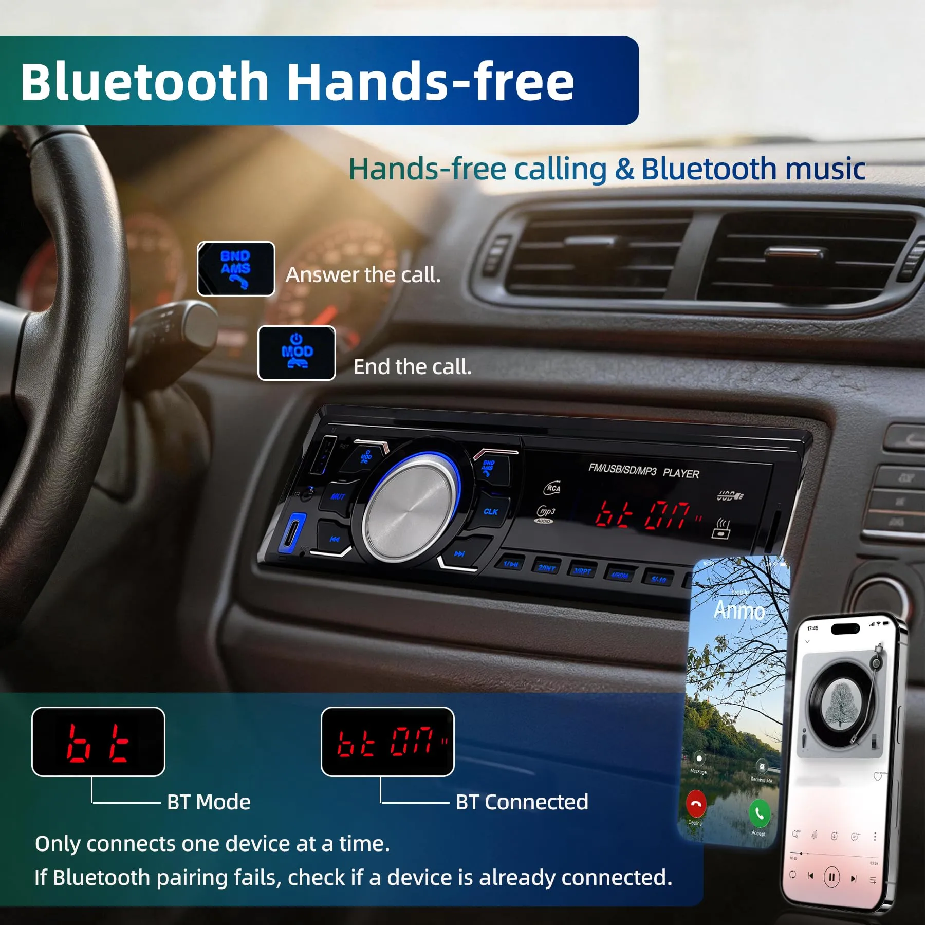 Autoradio Bluetooth 1 DIN - Stereo Auto con Telecomando/Radio FM/USB/AUX - immagine 2