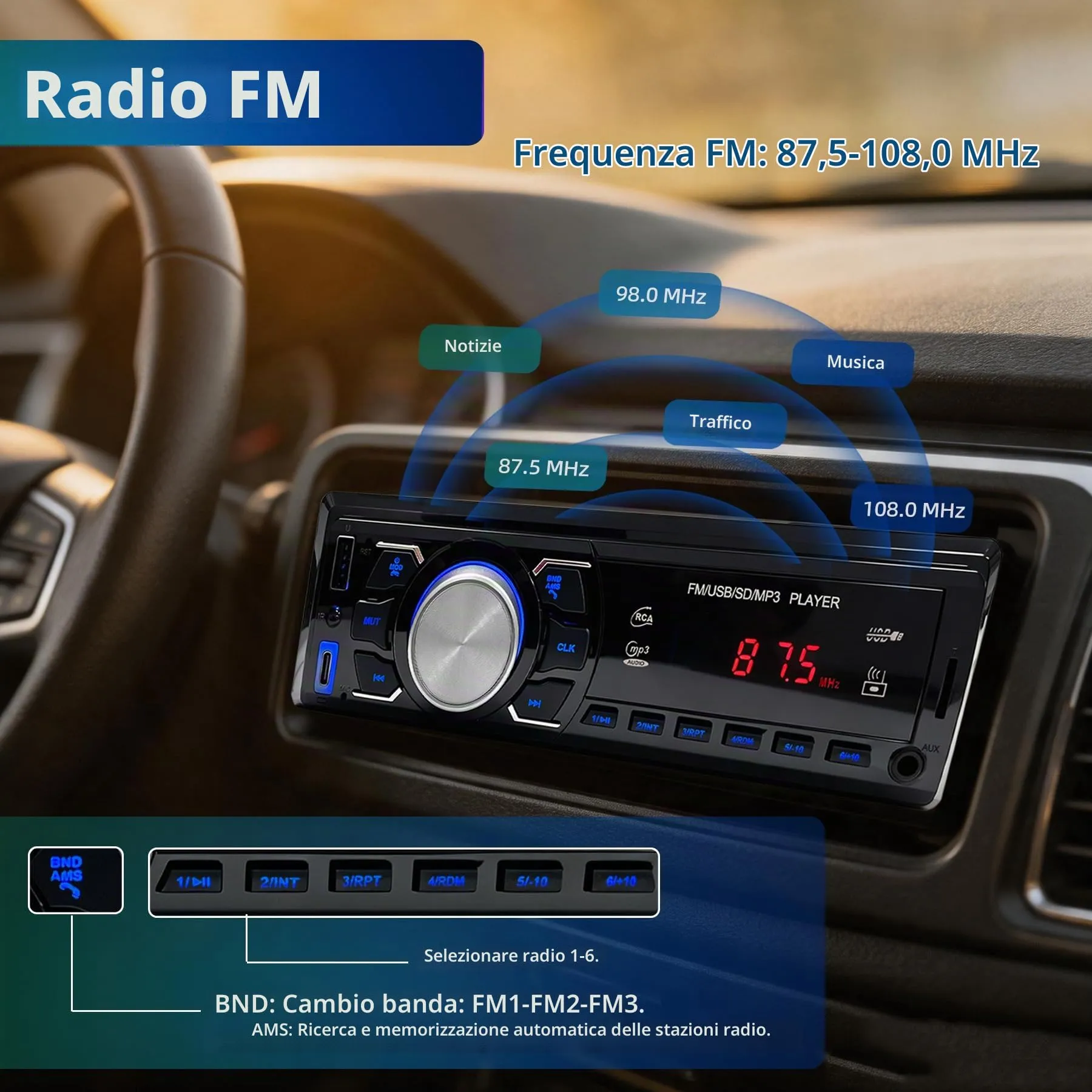 Autoradio Bluetooth 1 DIN - Stereo Auto con Telecomando/Radio FM/USB/AUX - immagine 3